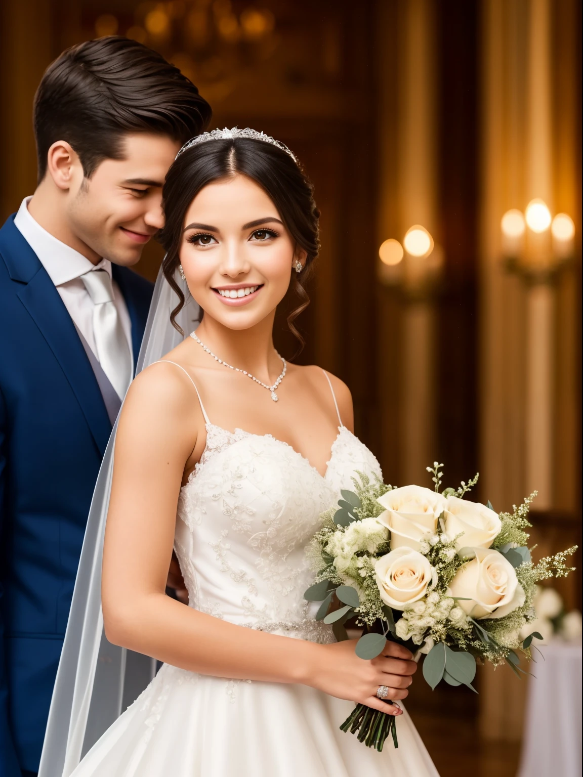 A imagem mostra uma linda jovem loira usando um vestido de noiva branco,  Standing in a big ballroom, luzes desfocada ao fundo. She is holding a bouquet of flowers in her hand, and her elegant appearance suggests she is a bride. , lugar lindo, romantic scenery, a romantic atmosphere. The woman&#39;s smile and the presence of the bouquet indicate that she is happy and excited about her special day.