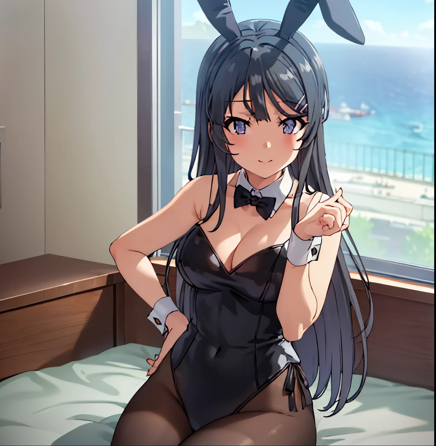 1girl, alone, Mai Sakurajima, Sitting on a chair in the room, pale light, smiling, Wearing rabbit ears、cleavage, black Playboy bunny outfit、High level image quality、8k、masterpiece, sitting on bed, poernas open, big breasts, medium waist, wide hips, medium thighs, good hands, good anatomy