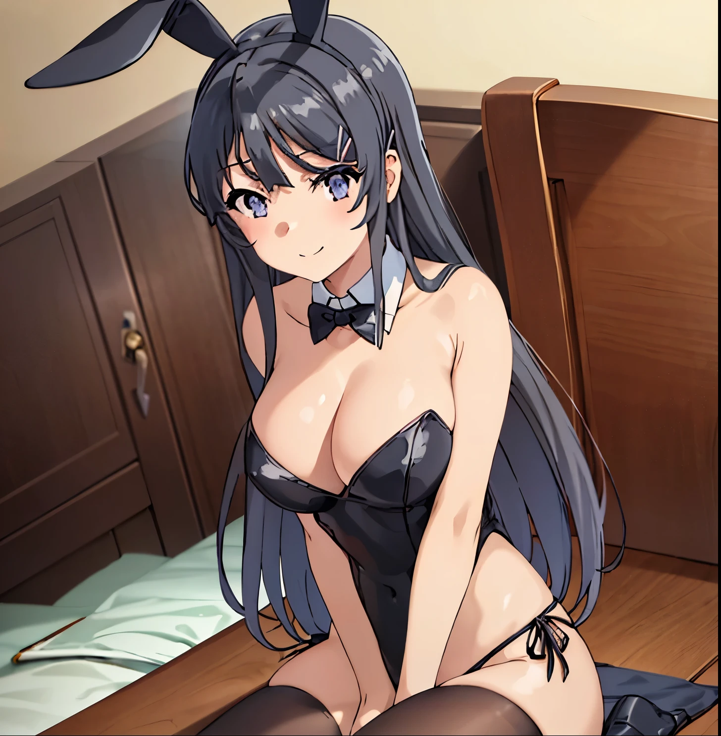 1girl, alone, Mai Sakurajima, Sitting on a chair in the room, pale light, smiling, Wearing rabbit ears、cleavage, black Playboy bunny outfit、High level image quality、8k、masterpiece, sitting on bed, poernas open, big breasts, medium waist, wide hips, medium thighs, good hands, good anatomy