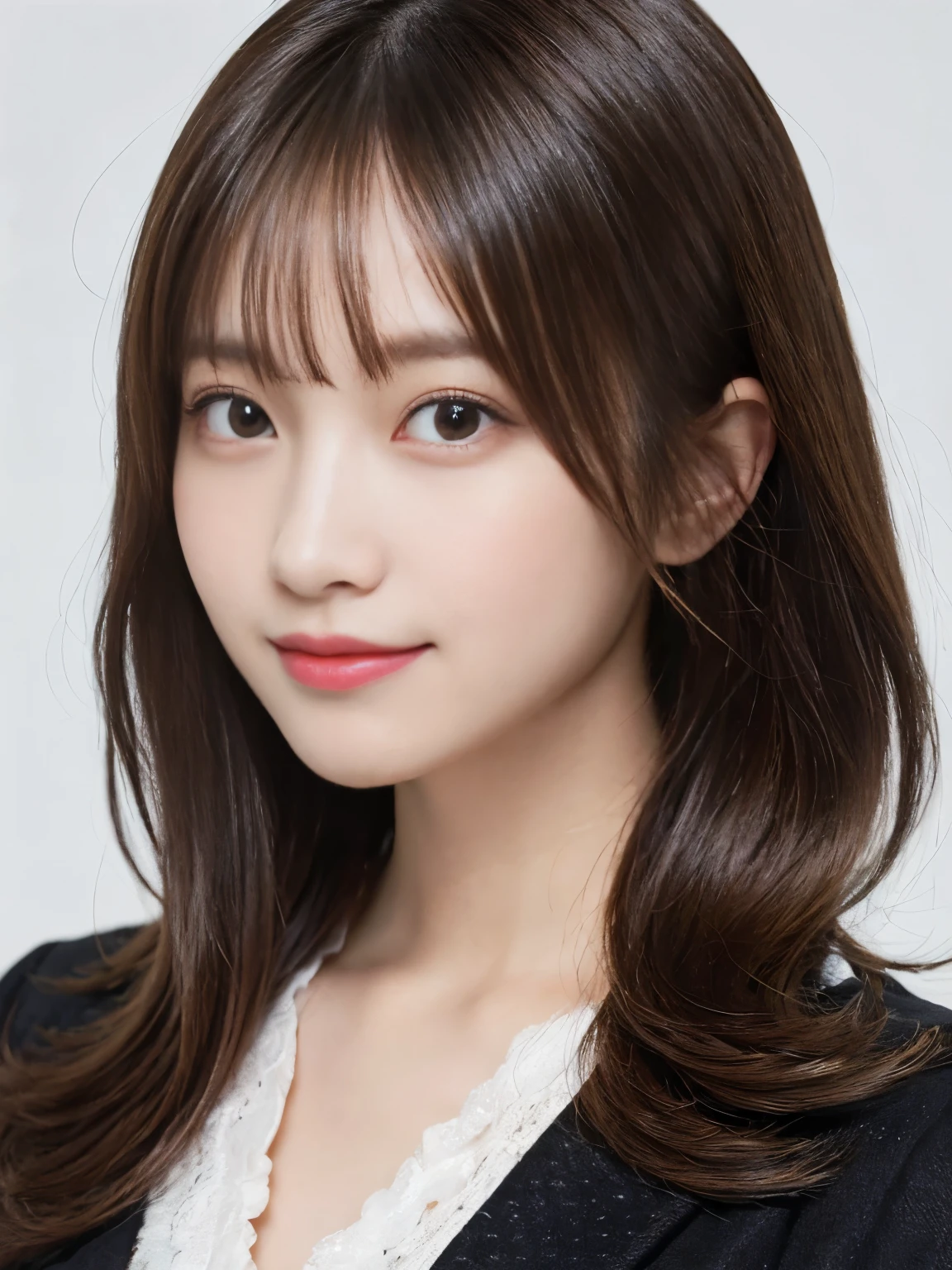 masutepiece, Best Quality, Illustration, Ultra-detailed, finely detail, hight resolution, 8K Wallpaper, Perfect dynamic composition, Beautiful detailed eyes, she is wearing a black work jacket,Medium Hair,Natural Color Lip, Smile,Harajuku、20 years girl、Cute、is looking at the camera、C Cup、Brown hair、with a pure white background