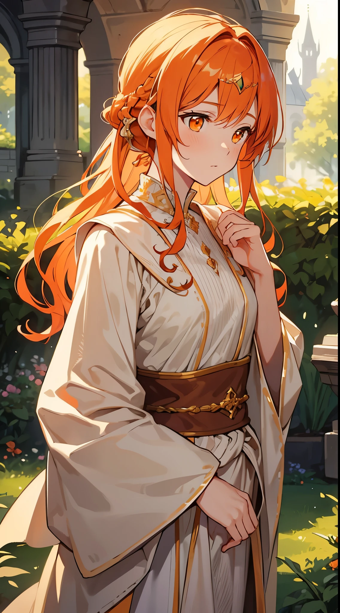 [[[ultra-detailed, best quality, soft skin, beautiful, 4K]]], portrait, close-up ginger hair, orange eyes silky hair, hair-up, fit body, royalty, gentle, worried, gardens background, medieval princess outfit, golden hairpin, standing up