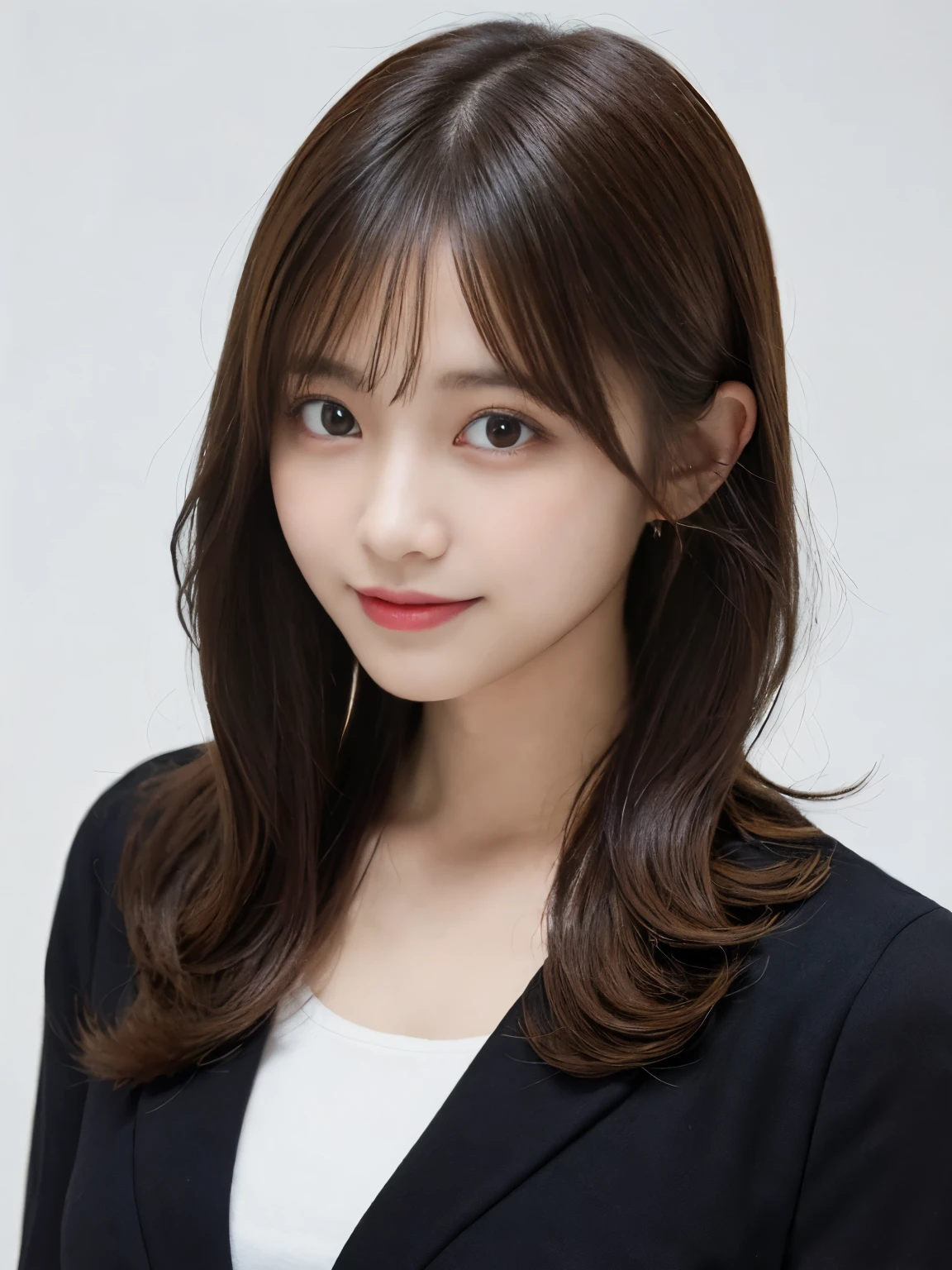 masutepiece, Best Quality, Illustration, Ultra-detailed, finely detail, hight resolution, 8K Wallpaper, Perfect dynamic composition, Beautiful detailed eyes, she is wearing a black work jacket,Medium Hair,Natural Color Lip, Smile,Harajuku、20 years girl、Cute、is looking at the camera、C Cup、Brown hair、with a pure white background