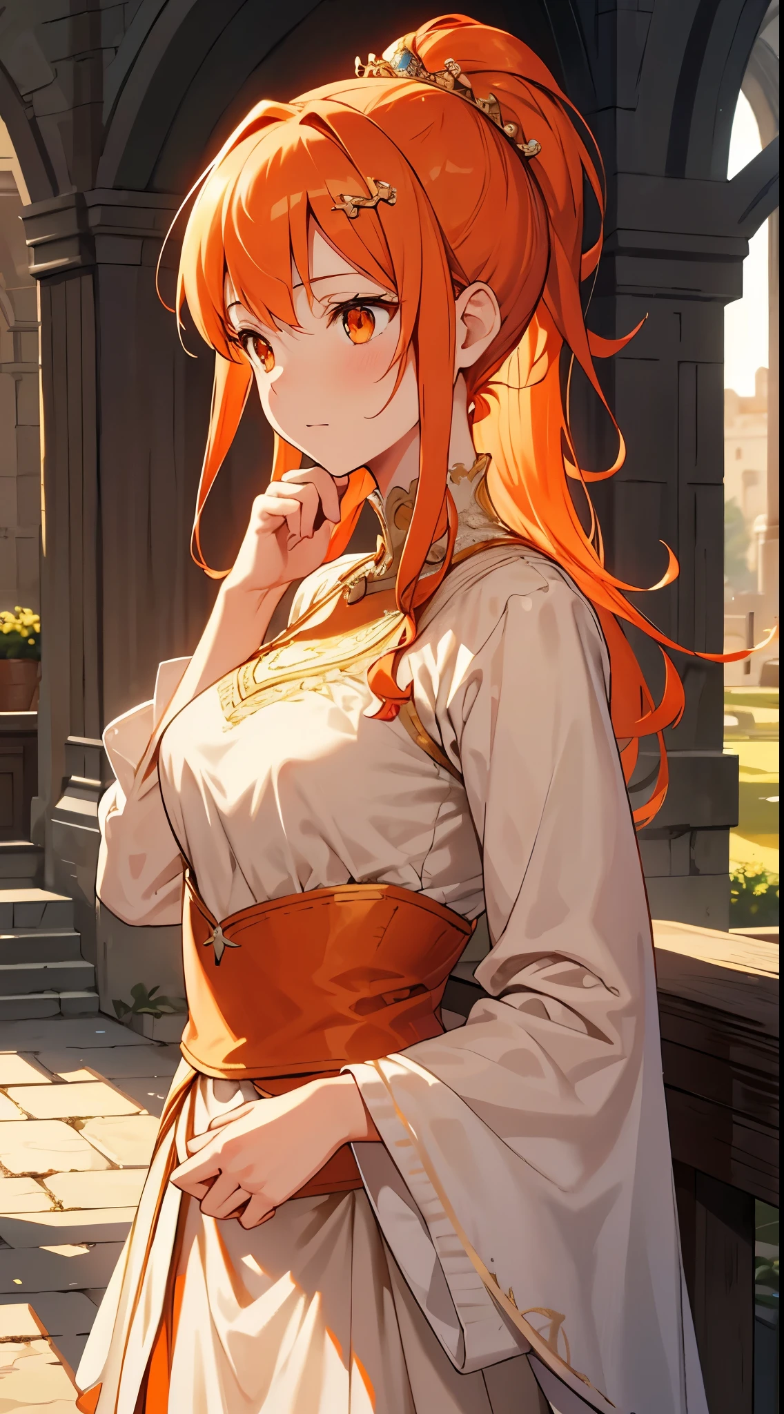 [[[ultra-detailed, best quality, soft skin, beautiful, 4K]]], portrait, close-up ginger hair, orange eyes silky hair, hair-up, fit body, royalty, gentle, worried, gardens background, medieval princess outfit, golden hairpin, standing up