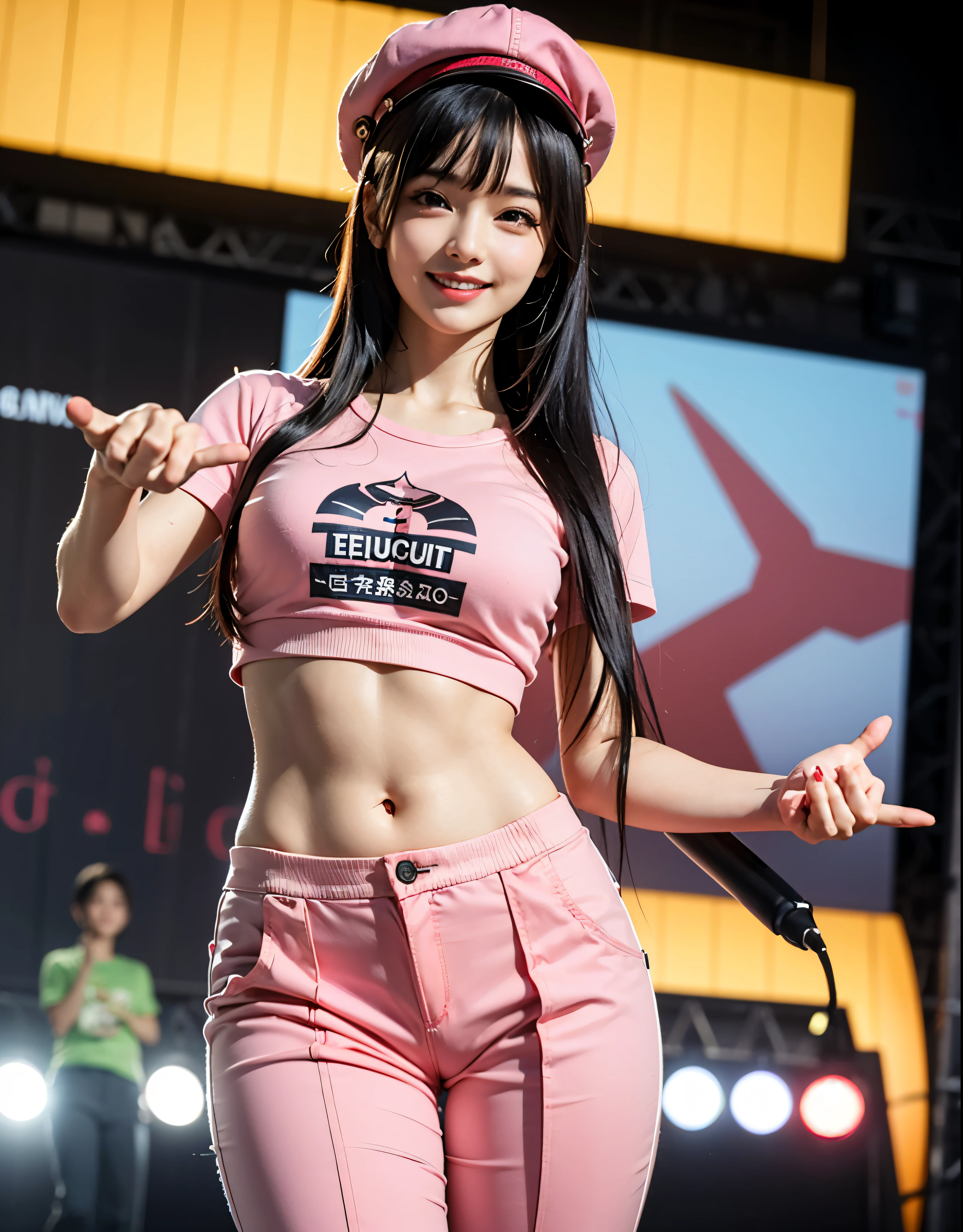 Best Quality, masutepiece, 超A high resolution, (Photorealistic:1.4), Raw photo, 1girl in, KーPOP Idol, Idol maKeup,long hair blacK hair,,PinK Chibi T-shirt、caps,Hats、Navel Ejection,abdominals、((Parachute pants)),Detailed eyes,(realisticeyes),delicated face,realsKin,detailed hairs,Detailed sKin,Beautiful face,((Smiling))、Bright lighting、music program lighting、