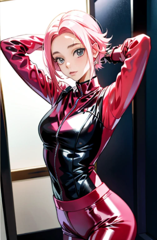 A girl poses for a photo in a latex anime, cor pastel,  ****** anime bonita, estilo anime ecchi,