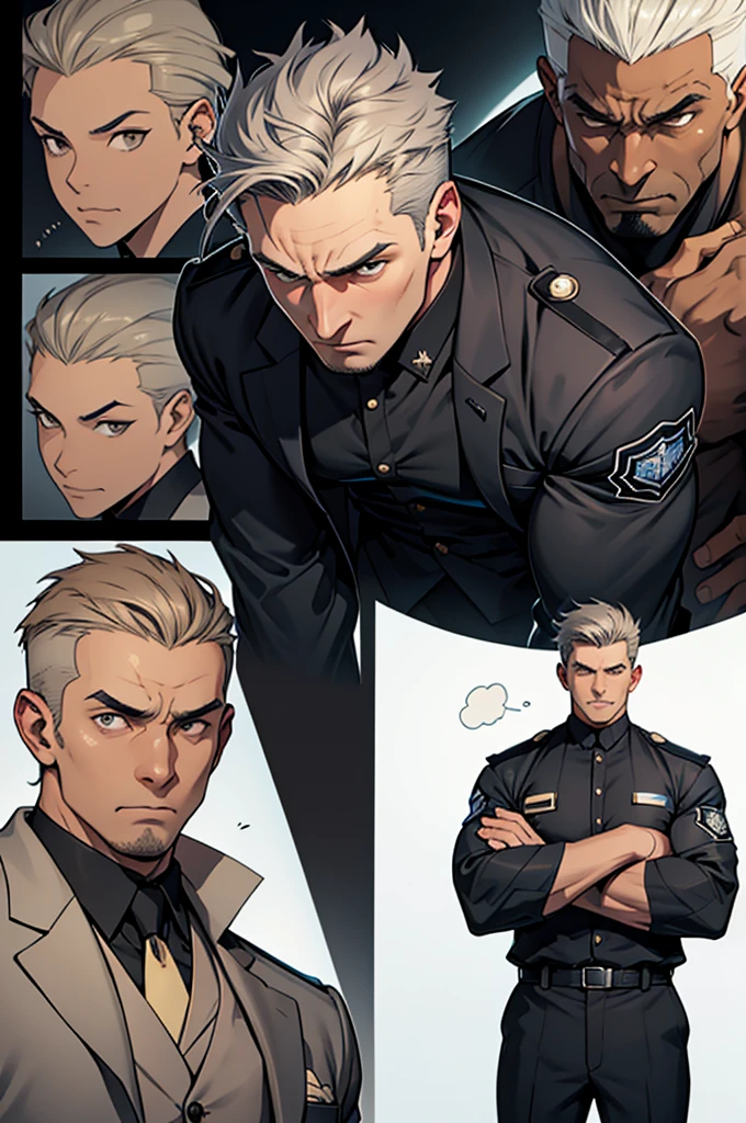 a photo of Cuvugar Trimes, looking at the camera, a human police investigator, male, middle-aged, with a robust and athletic appearance. He has short, gray hair, piercing brown eyes, and a determined look. His serious expression and striking features convey authority and confidence, he wears a dark suit and carries an aura of professionalism and respect. comic style. character study, multiple poses and expressions