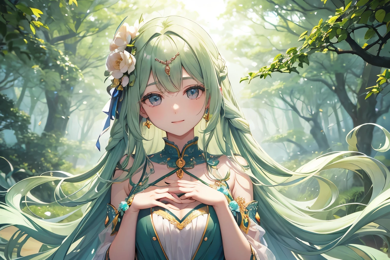 Beautiful yellow-green long hair style、absurderes、pretty green dress、Emphasis on the chest、Floral hair ornament、A very large and beautiful sapphire brooch、goddes、Deep and detailed eyes、Beautiful, delicate and detailed blue eyes、Very beautiful and delicately shining eyes、A beautiful smile with attention to detail、;D、beautiful and delicate flowing hair、Beautiful delicate and detailed hands、very delicate and detailed fingers、turn your hand to you、独奏、Super beautiful illustration、Display the whole person in a small size、Cute and beautiful, Beautiful face very delicate and detailed、tilting one&#39;s face upwards、In the mysterious forest、one big world tree、Sunlight