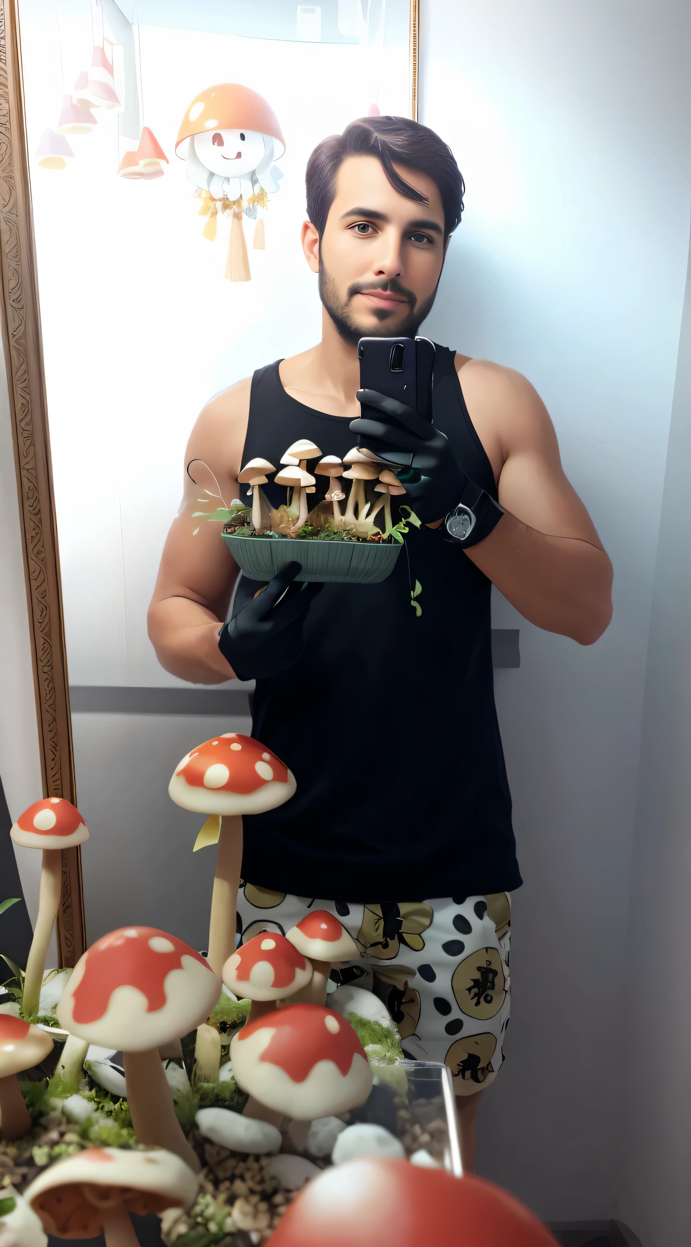 there is a man taking a photo of a mushroom exhibit, shrooms, Cogumelos em todos os lugares, Cogumelos crescem do corpo, Cogumelos, magia Cogumelos, inspirado em Ludovit Fulla, Micologista, imagem de corpo inteiro, fotorrealista de corpo inteiro, Selfie espelho, feito de Cogumelos, cogumelo trippy, holding a 🛡 and an 🪓, tiro de corpo inteiro hiperdetalhado