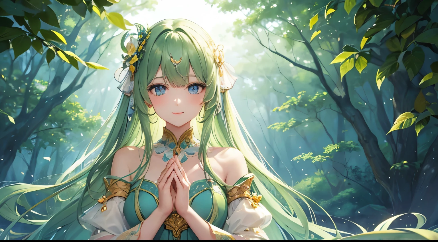 Beautiful yellow-green long hair style、absurderes、pretty green dress、Emphasis on the chest、Floral hair ornament、A very large and beautiful sapphire brooch、goddes、Deep and detailed eyes、Beautiful, delicate and detailed blue eyes、Very beautiful and delicately shining eyes、Beautiful smiling face with attention to detail、;D、beautiful and delicate flowing hair、Beautiful delicate and detailed hands、very delicate and detailed fingers、turn your hand to you、独奏、Super beautiful illustration、view full body、Cute and beautiful, Beautiful face very delicate and detailed、tilting one's face upwards、In the mysterious forest、one big world tree、Sunlight
