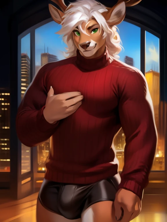 By chunie, by darkgem, by glitter ,daddy, solo, male, feline, white lion, red fur, white body, hair, curly hair, short hair, wavy hair, messy hair, ginger hair, brown eyes, detailed eyes, detailed hands, tall, bulge, muscular, red turtleneck sweater, peephole sweater, boob window, city, standing, smiling