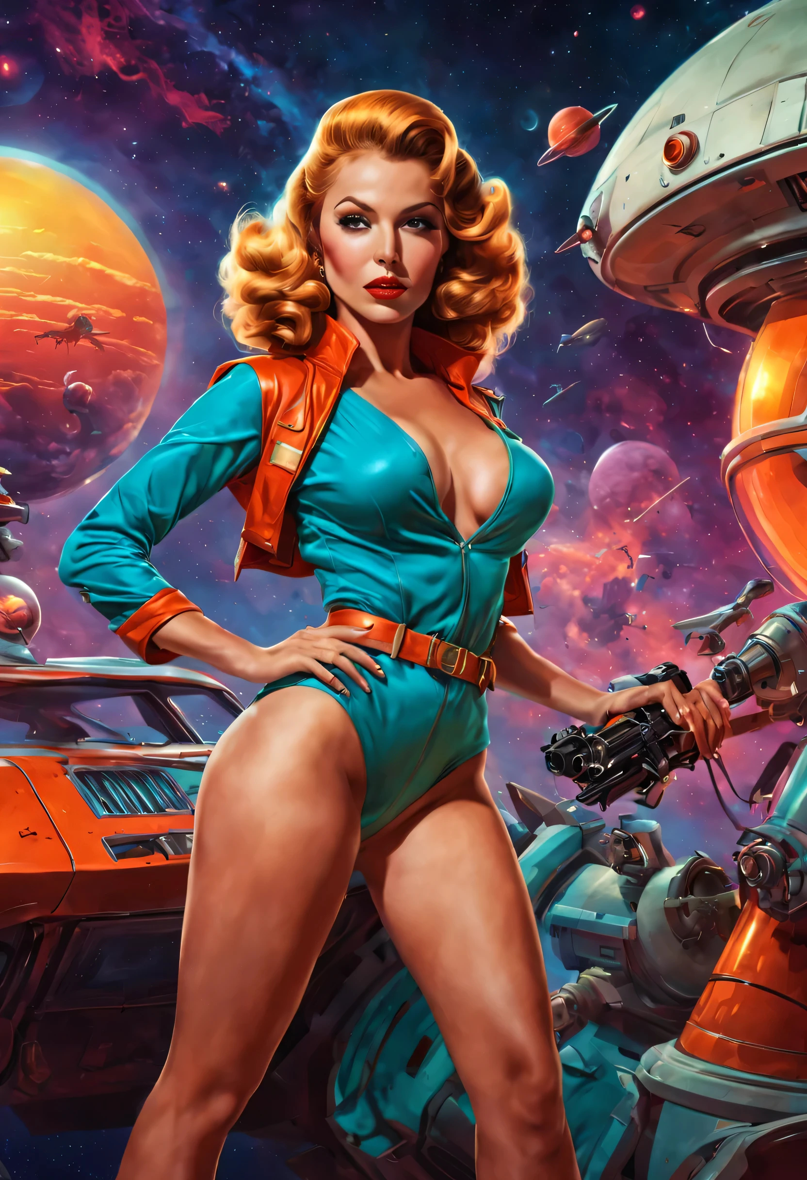 Design an epic and adventurous 70s pin-up character in a vibrant, Retro sci-fi setting. Embrace pulp aesthetics with bold colors, dynamic poses, y un toque de misterio. Turn him into an iconic sailor in an exciting space age adventure.!,Foto R3AL