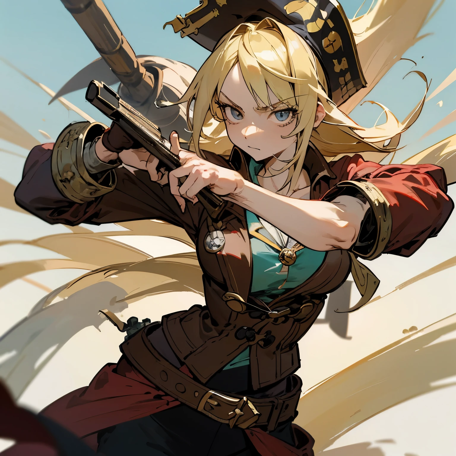 Produce an illustration of a daring buccaneering pirate of approximately 35 years old in anime style. She sports flowing blonde hair, wears an imposing pirate hat and holds typical pirate weapons in both hands. Destaque a personalidade destemida da personagem, incorporando elementos do universo RPG para criar uma cena envolvente