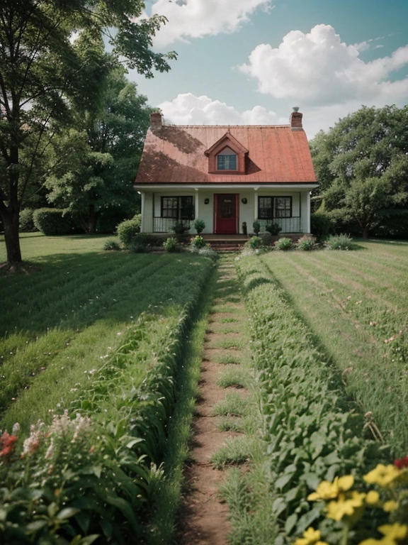 Old small American house with red roof in a green field, in a style of a photo taken with 2004 camera, liminal space, vhs