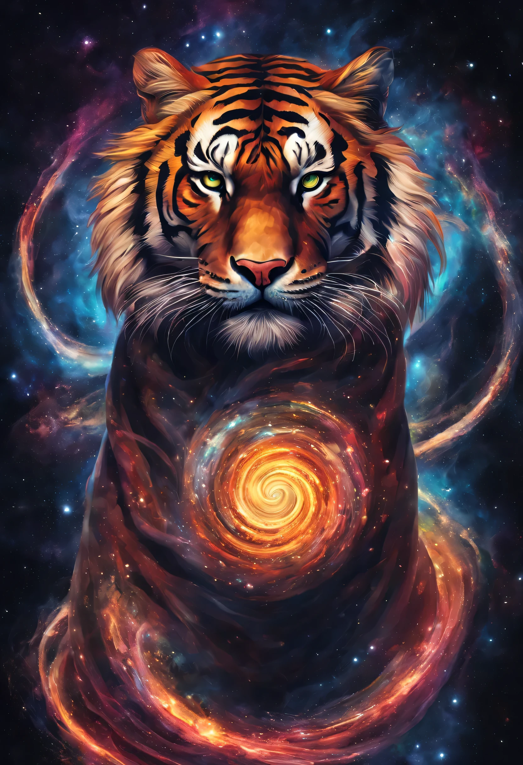 In a dimension where stars collide, the legendary tiger emerges as an embodiment of celestial fury. Its body is a symphony of radiant colors, mirroring the birth of stars. Its eyes blaze with cosmic fire, and tendrils of energy arc around its form like ethereal lightning. The serpent's presence commands both awe and fear, as it harnesses the power of the cosmos itself, Amidst a cosmic maelstrom, where galaxies spiral and stars explode, the serpent reigns supreme, Epic, cataclysmic, and transcendent, evoking the power of celestial forces.Style: Ultra-realistic digital painting with intricate details and a dynamic interplay of colors.Execution: Rendered in a hyper-realistic style, using advanced digital techniques to capture the complex interstellar environment and the serpent's celestial energ