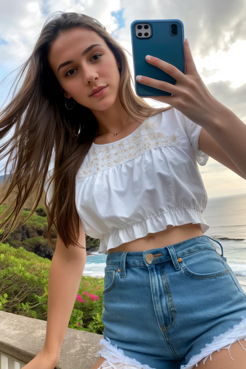 ((best quality)), ((masterpiece)), (detailed), a 18 year old girl, young girl, petite girl, high cheekbones, brunette, long hair, insanely detailed and intricate, hypermaximalist, attractive, hyper-realistic, super detailed, high detailed skin, posing, dressed in a white top and blue short jeans, girl posing, selfie, looking at camera, casual photo, on madeira island, at the seaside