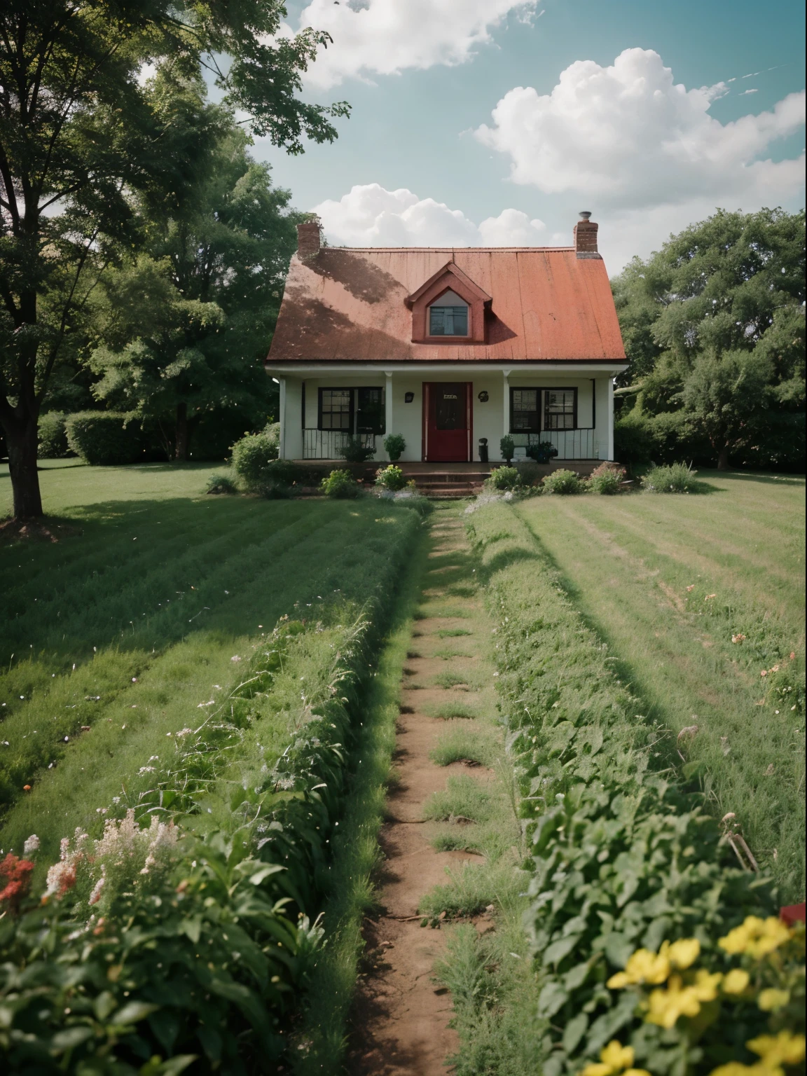 Old small American house with red roof in a green field, in a style of a photo taken with 2004 camera, liminal space, vhs
