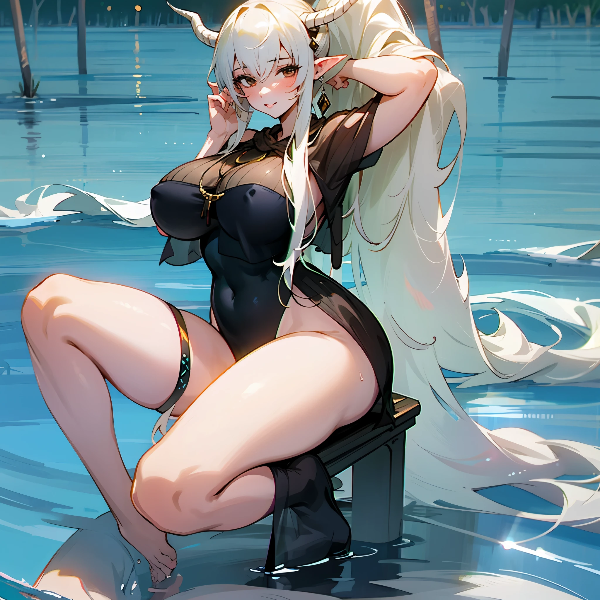 1girl, shininghead, lake, sit, sexy,big tits, full body in shot