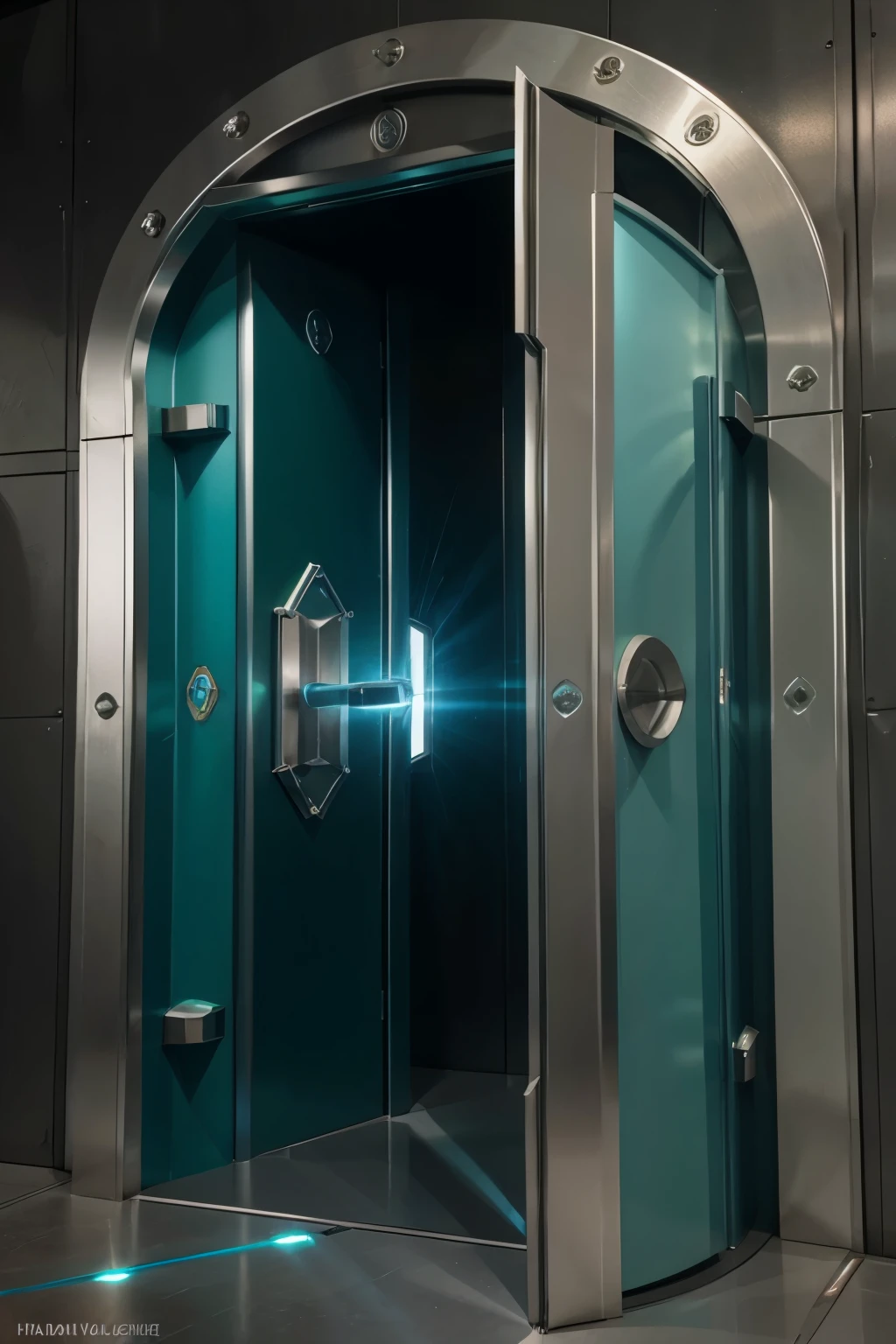 titanium vault door high details , realistic metal look like vault , high resolution, green and blue energy lighting