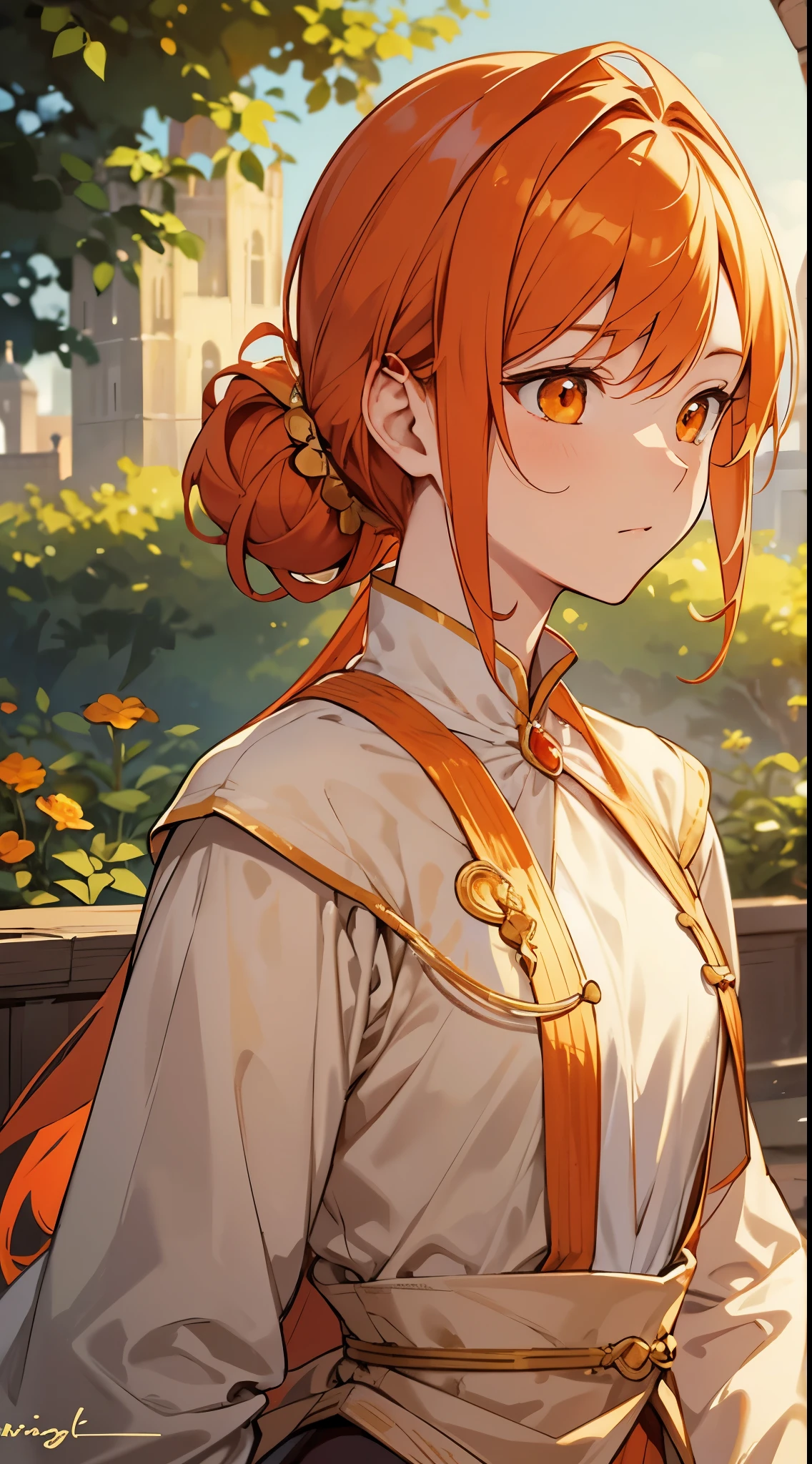 [[[ultra-detailed, best quality, soft skin, beautiful, 4K]]], portrait, close-up ginger hair, orange eyes silky hair, hair-up, fit body, royalty, gentle, worried, gardens background, medieval princess outfit, golden hairpin, standing up