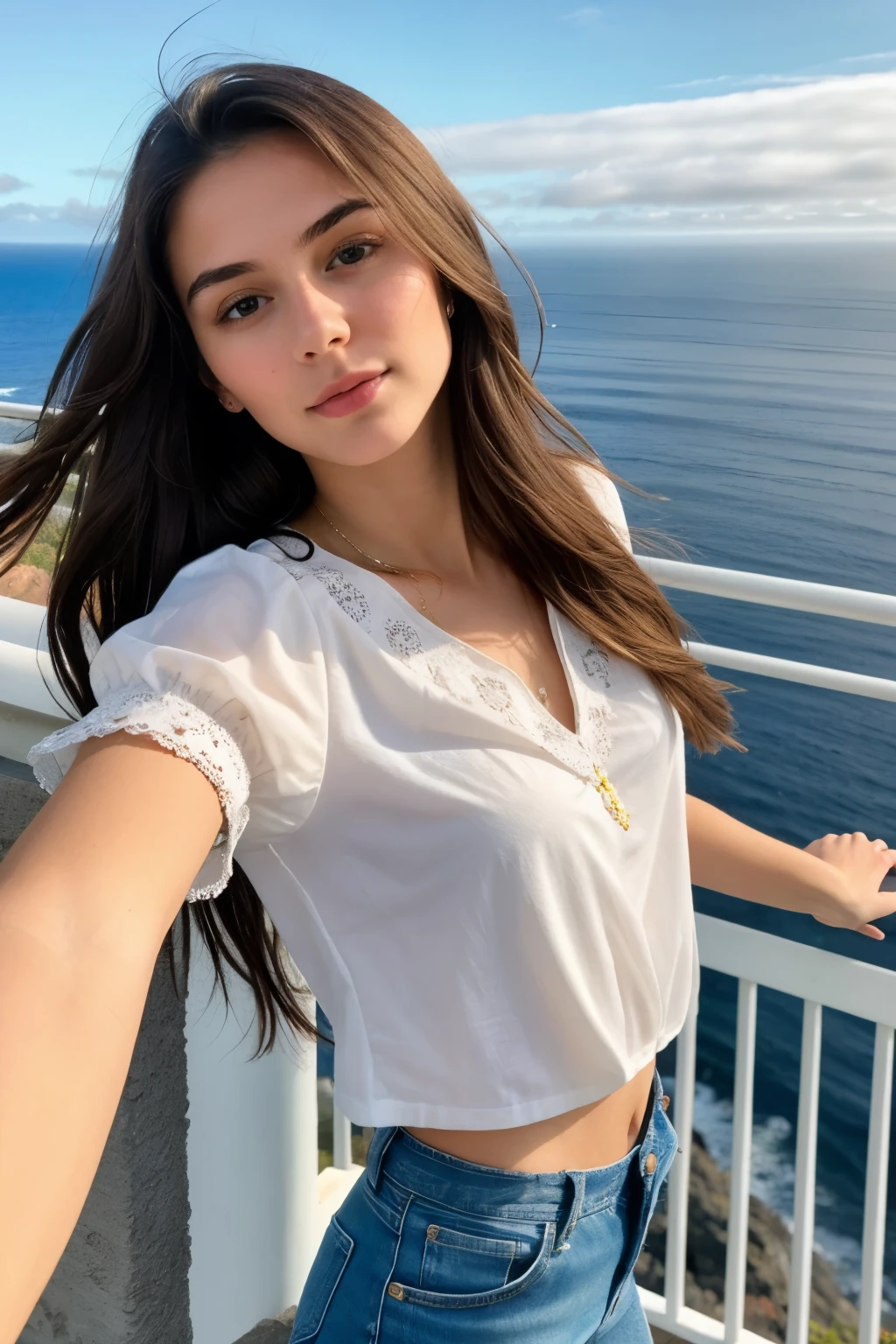 ((best quality)), ((masterpiece)), (detailed), a 18 year old girl, young girl, petite girl, high cheekbones, brunette, long hair, insanely detailed and intricate, hypermaximalist, attractive, hyper-realistic, super detailed, high detailed skin, posing, dressed in a white top and blue short jeans, girl posing, selfie, looking at camera, casual photo, on madeira island, at the seaside