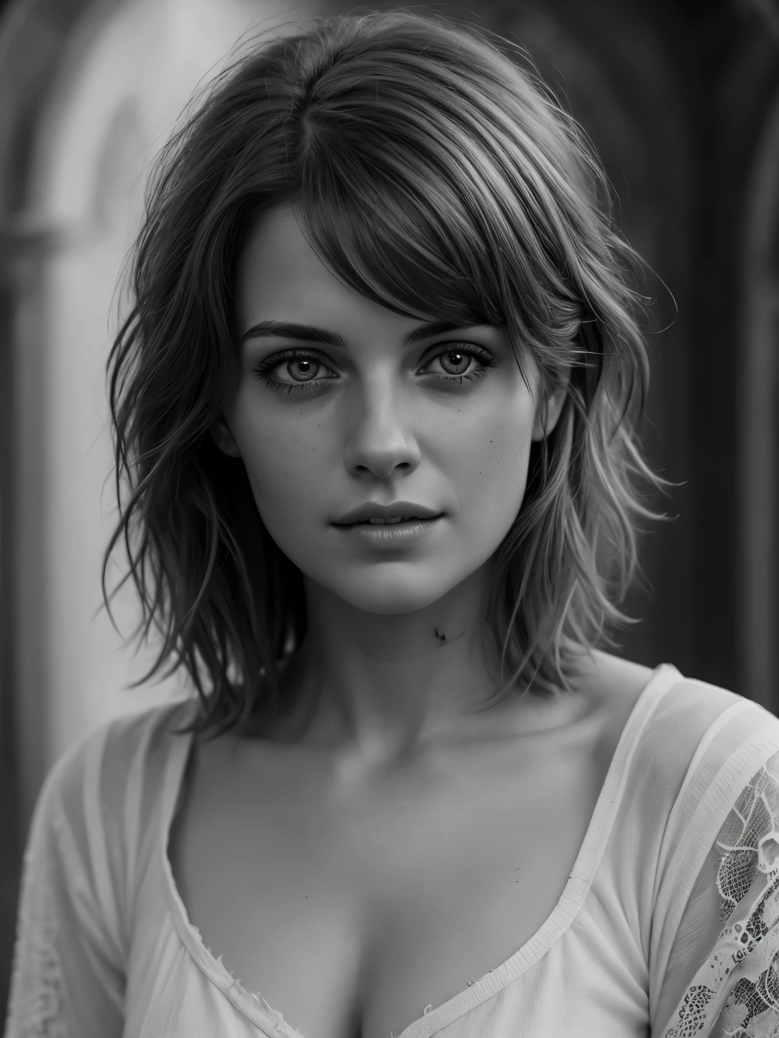 Photorealistic, masterpiece grayscale photo, woman with messy hair and poor tattered clothes, cute sexy, (detailed medieval background), ultra sharp focus, detailed face, (((posing))), random hair color, short hair, beautiful eyes, full body, high quality black and white image