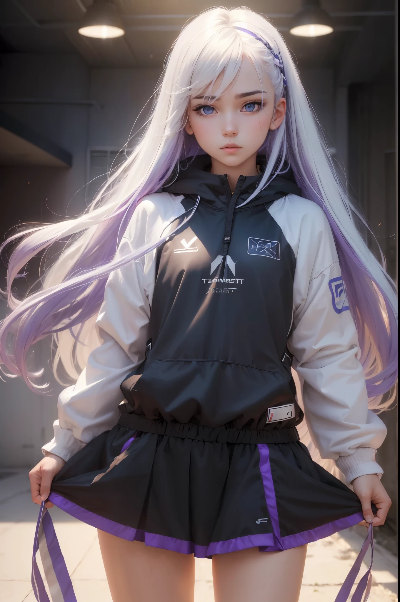 ((hiquality, tmasterpiece:1.4)), a 1girl, upper-body, sports clothing, white colored hair, rainbow colored hair, Gradient hair, beatiful face, beatiful face, pretty eyes, purple eyes, handsome girl, handsome girl, perfect face shape, Absurdity, Realistic Proportion, dynamicpose, higly detailed, Complex, Complex детали, Realistic eyes, Realistic Proportion глаз, Sharp focus, 32k, Realistic lighting, extreme details, Realistic pupils, Realistic Proportion глаз, Realistic Proportion зрачков, realistic shadows, evafie