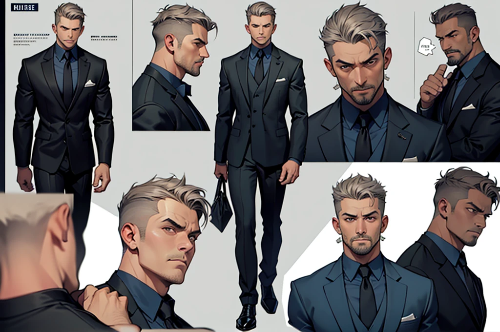 a photo of Cuvugar Trimes, a human police investigator, male, middle-aged, with a robust and athletic appearance. He has short, gray hair, piercing brown eyes, and a determined look. His serious expression and striking features convey authority and confidence, he wears a dark suit and carries an aura of professionalism and respect. comic style. character study, multiple poses and expressions