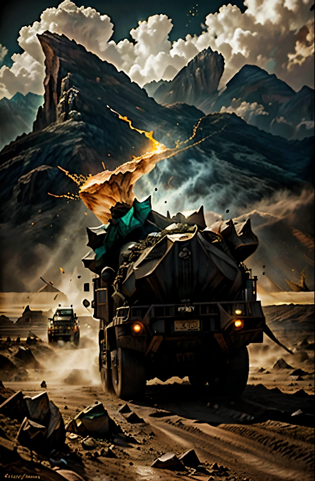 A huge (menacing, gloomy, dusty) dump truck is rushing across the desert. In the back of the truck is a large mountain of glittering gems