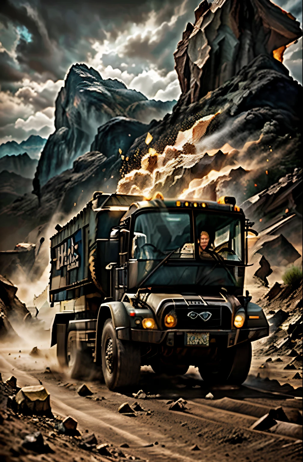 A huge (menacing, gloomy, dusty) dump truck is rushing across the desert. In the back of the truck is a large mountain of glittering gems