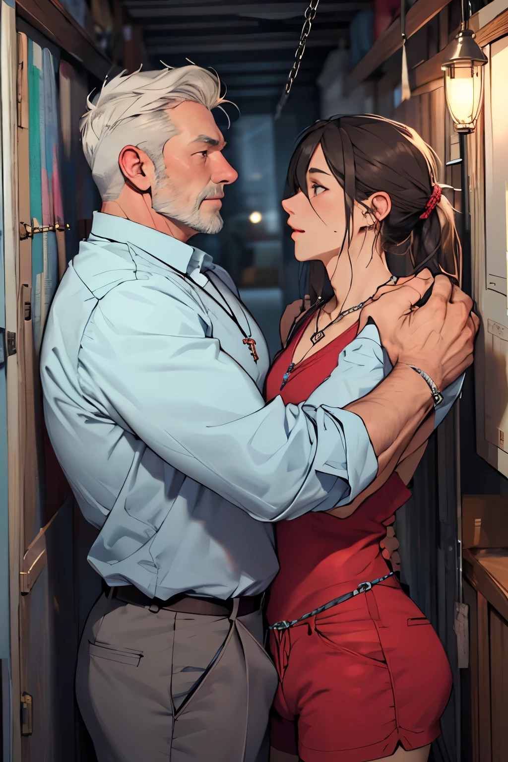 NSFW, (((masterpiece, Best Quality, realistic photo))), (shiny skin), (HD, 8K Wallpaper, High resolution), perfect anatomy, cinematic lighting, physically based rendering, awarded, extremely detailed skin, Extra detailed face, Eyes with beautiful details., Carl Zeiss 85 mm F/1.4, (1 man and 1 woman, couple:1.5), 18 year old woman , lying on the ground, (pink fur, short bob cut, blue eyes, round face), medium breasts, Wet school blouse with tape, navy blue pleated skirt with lift, Navy blue high socks, (blush on the nose, mischievous, half open eyes, drooling), open legs, focus on thigh, in a dungeon, (1 man is an old man, an old man hugs the woman from behind:1.5), An elderly man wears a business suit, (an old man touches a woman&#39;s panties:1.5), [full body shot], shot from below,