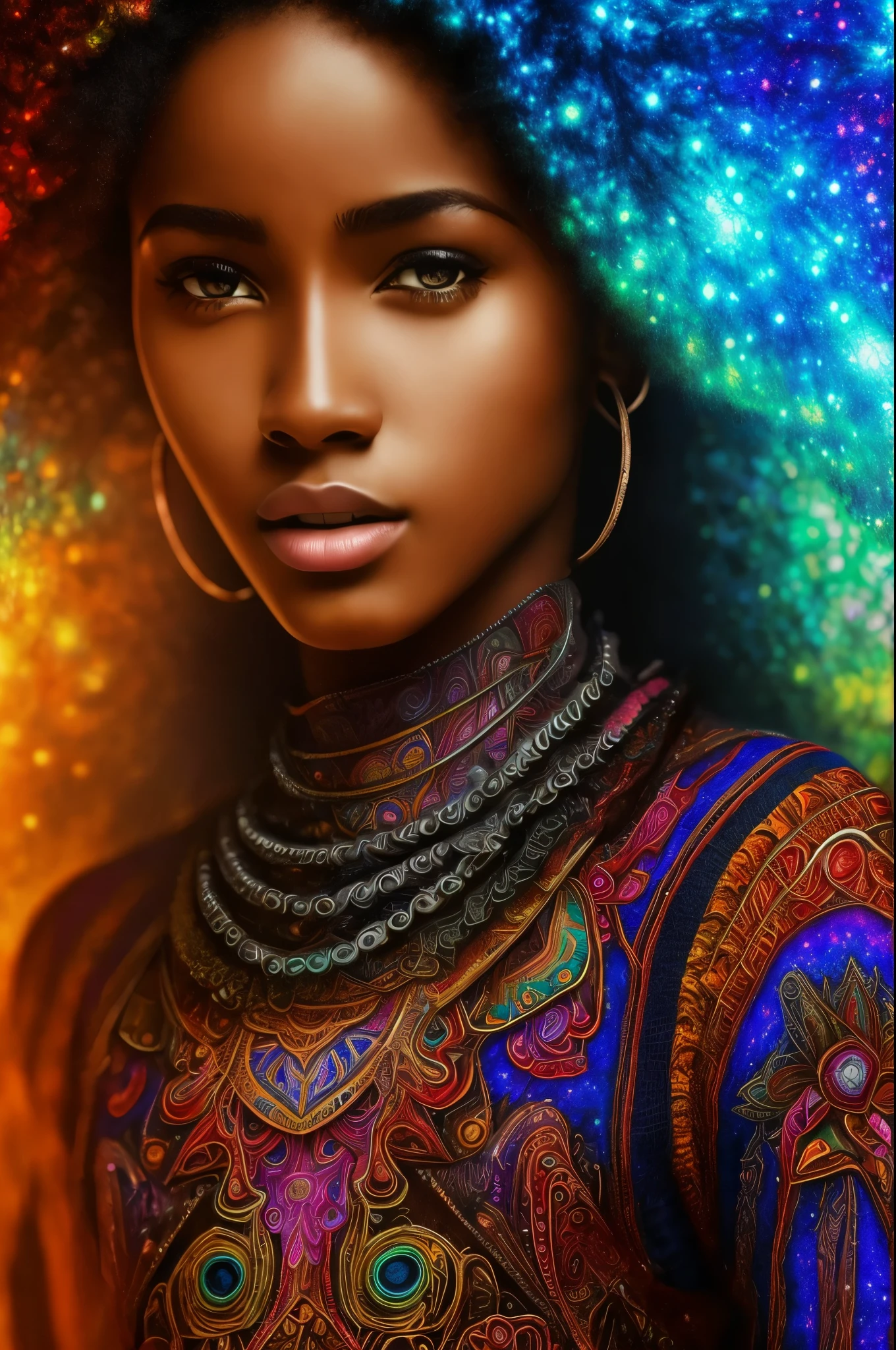 master part, melhor qualidade, ultra high-resolution, 1 africana de pele escura, (Arte Fractal:1.3), sombra profunda, tema escuro, totalmente vestido, colar, abandonado, cowboy shot, Seios colossais,