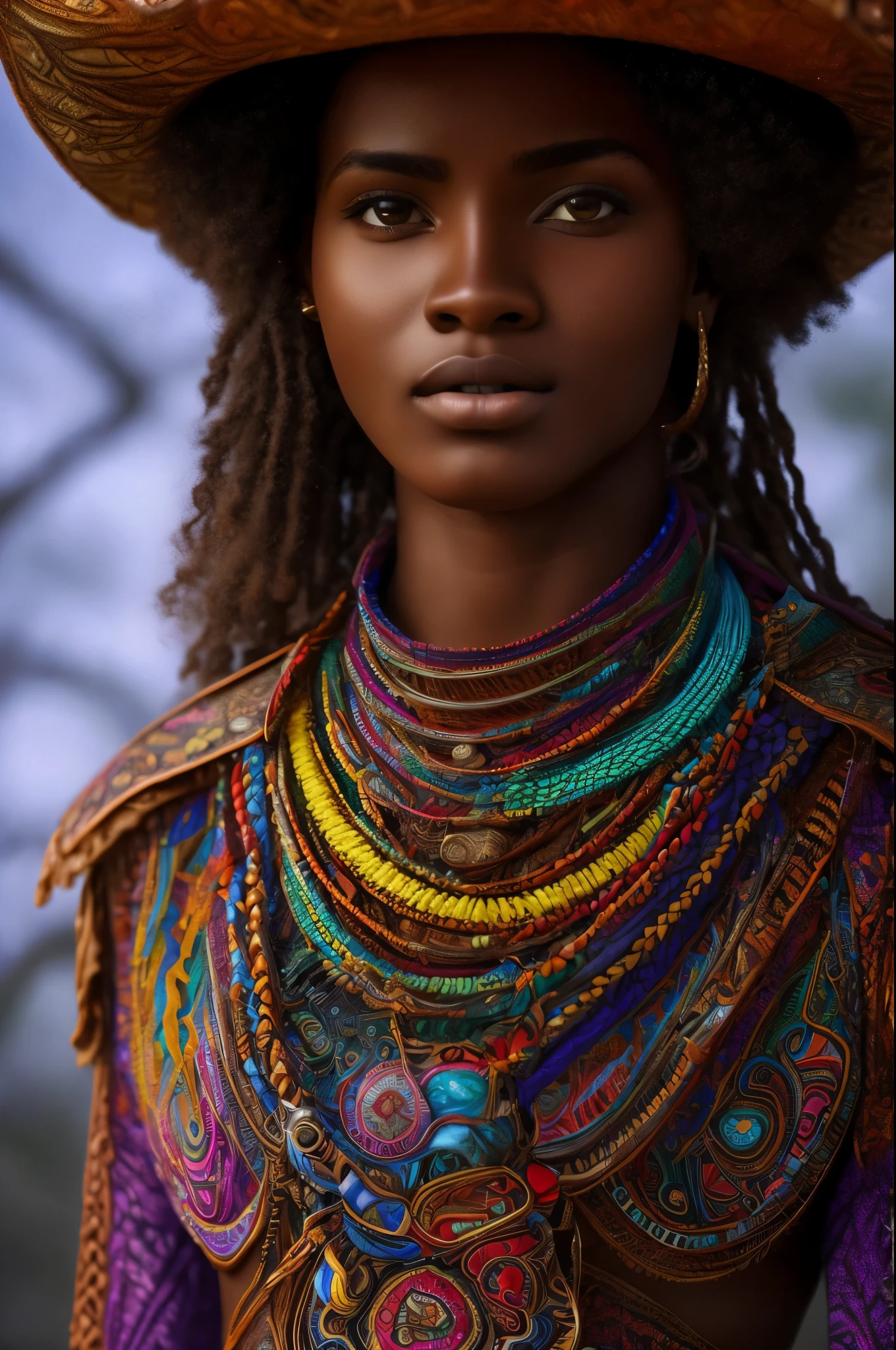 master part, melhor qualidade, ultra high-resolution, 1 menina africana de pele escura, (Arte Fractal:1.3), sombra profunda, tema escuro, totalmente vestido, colar, abandonado, cowboy shot, Seios colossais,
