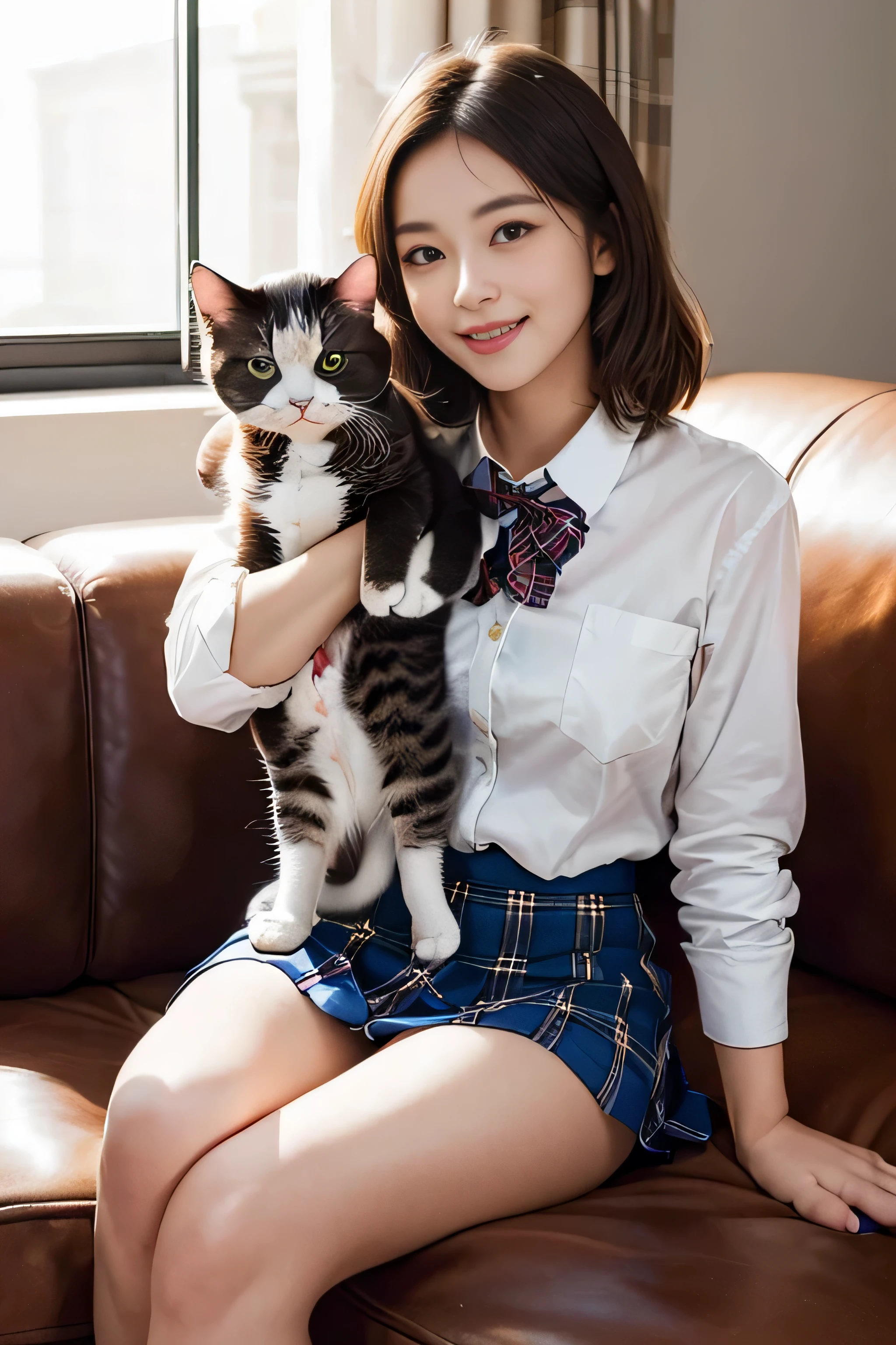 1womanl、(beauitful face:1.5)、(Sitting on the sofa at home and holding a cute cat:1.5)、Smiling、(Cute American shorthair with blue eyes)、(White Persian cat)、(high-school uniform)、(Plaid mini skirt)、brown haired、(bare-legged)