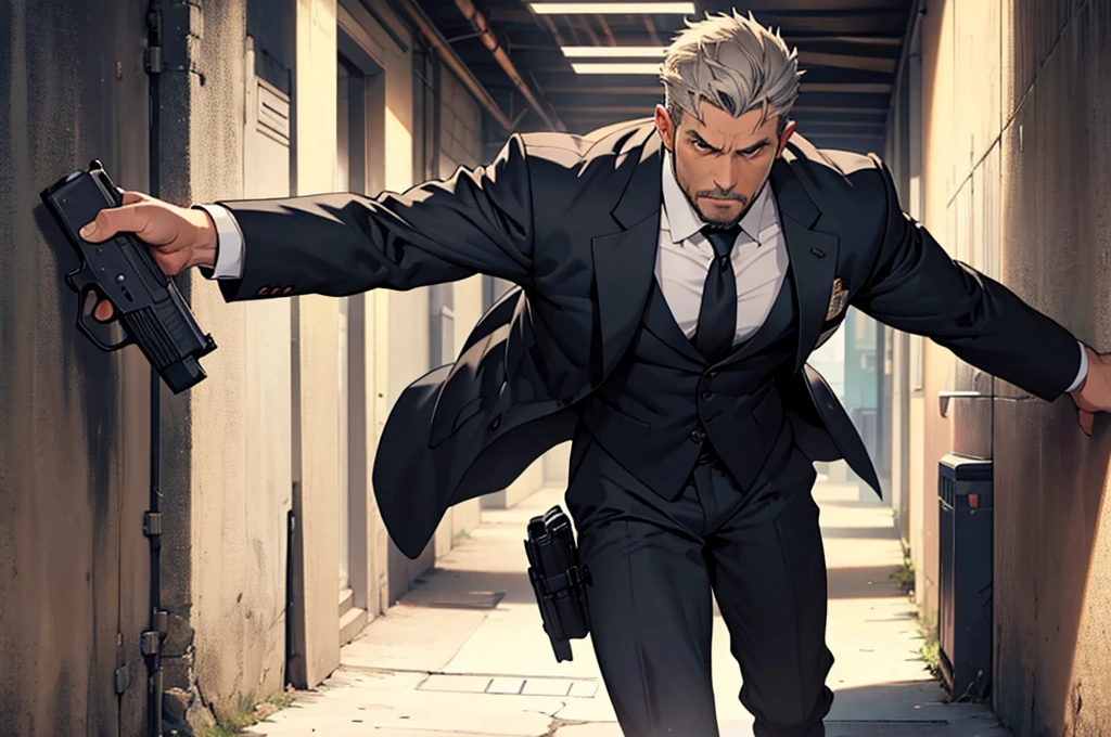 a photo of Cuvugar Trimes, a human police investigator, male, middle-aged, with a robust and athletic appearance. He has short, gray hair, piercing brown eyes, and a determined look. His serious expression and striking features convey authority and confidence, he wears a dark suit and carries an aura of professionalism and respect. comic style. carrying a gun, hyde behind a wall in an action scene