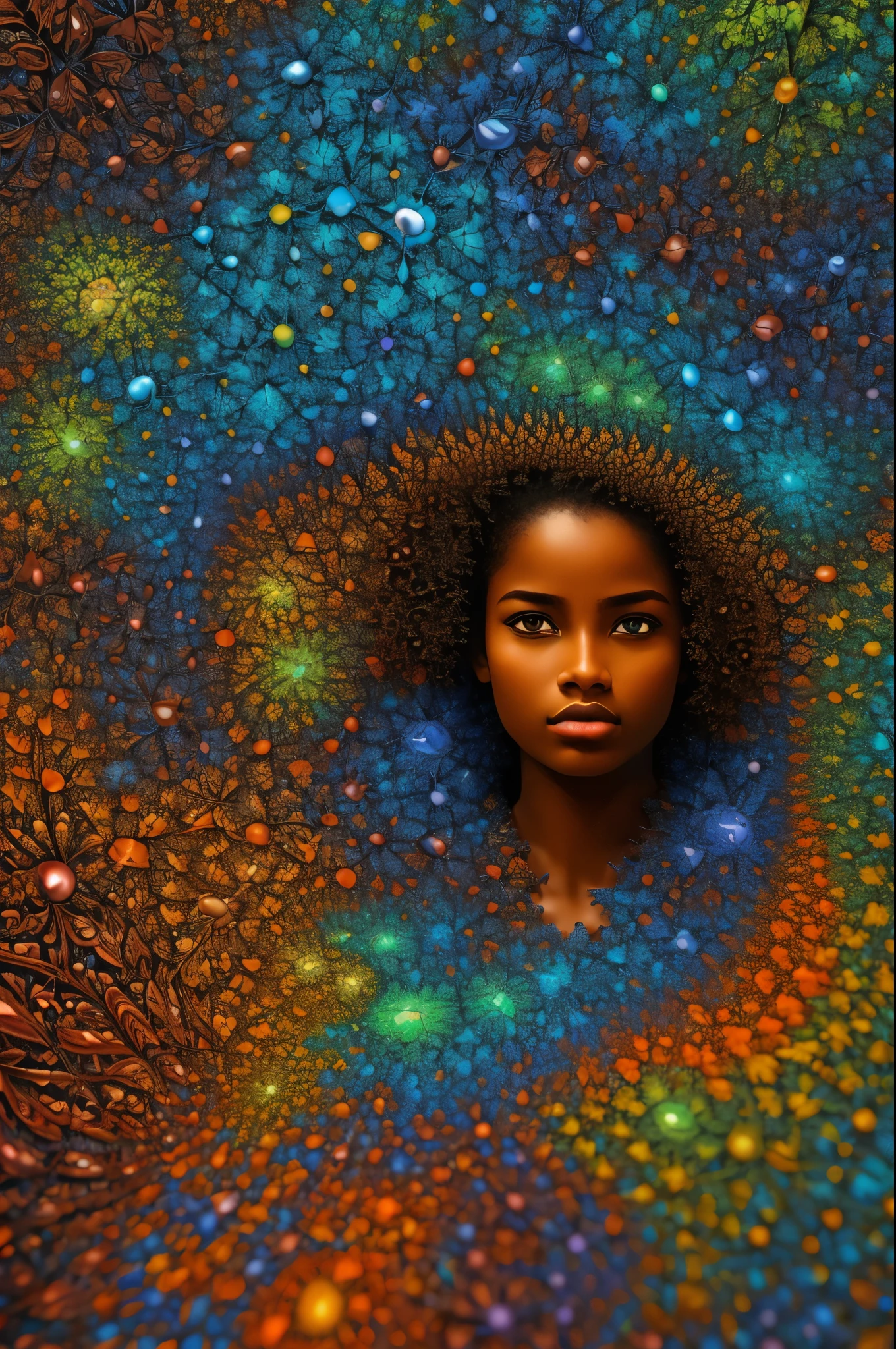 master part, melhor qualidade, ultra high-resolution, 1 menina africana de pele escura, (Arte Fractal:1.3), sombra profunda, tema escuro, totalmente vestido, colar, abandonado, cowboy shot, Seios colossais,