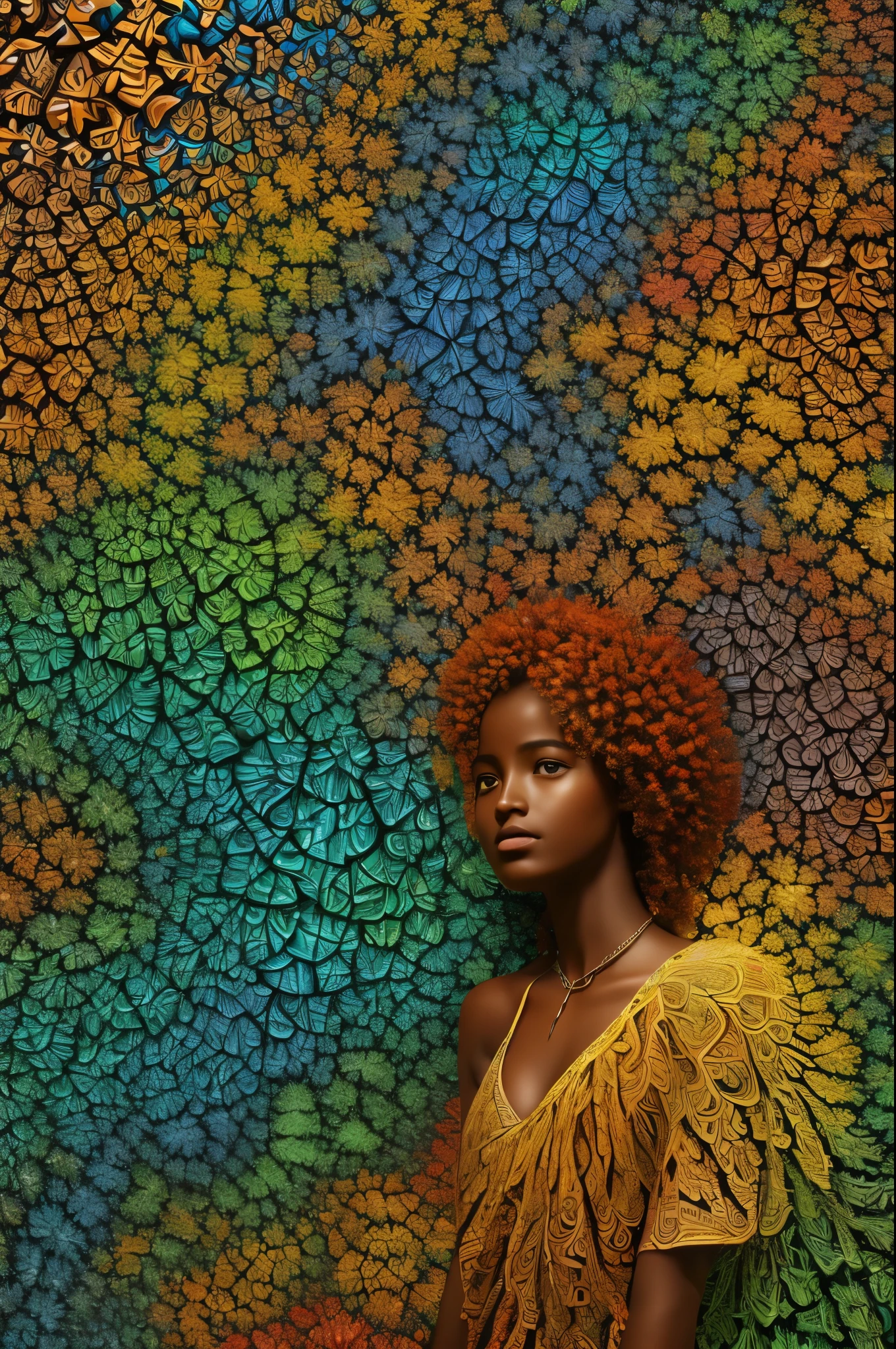 master part, melhor qualidade, ultra high-resolution, 1 menina africana de pele escura, (Arte Fractal:1.3), sombra profunda, tema escuro, totalmente vestido, colar, abandonado, cowboy shot, Seios colossais,
