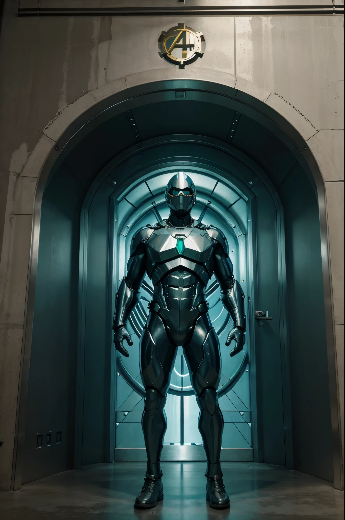 titanium strong vault door high details , realistic metal look like vault , high resolution, green and blue energy lighting