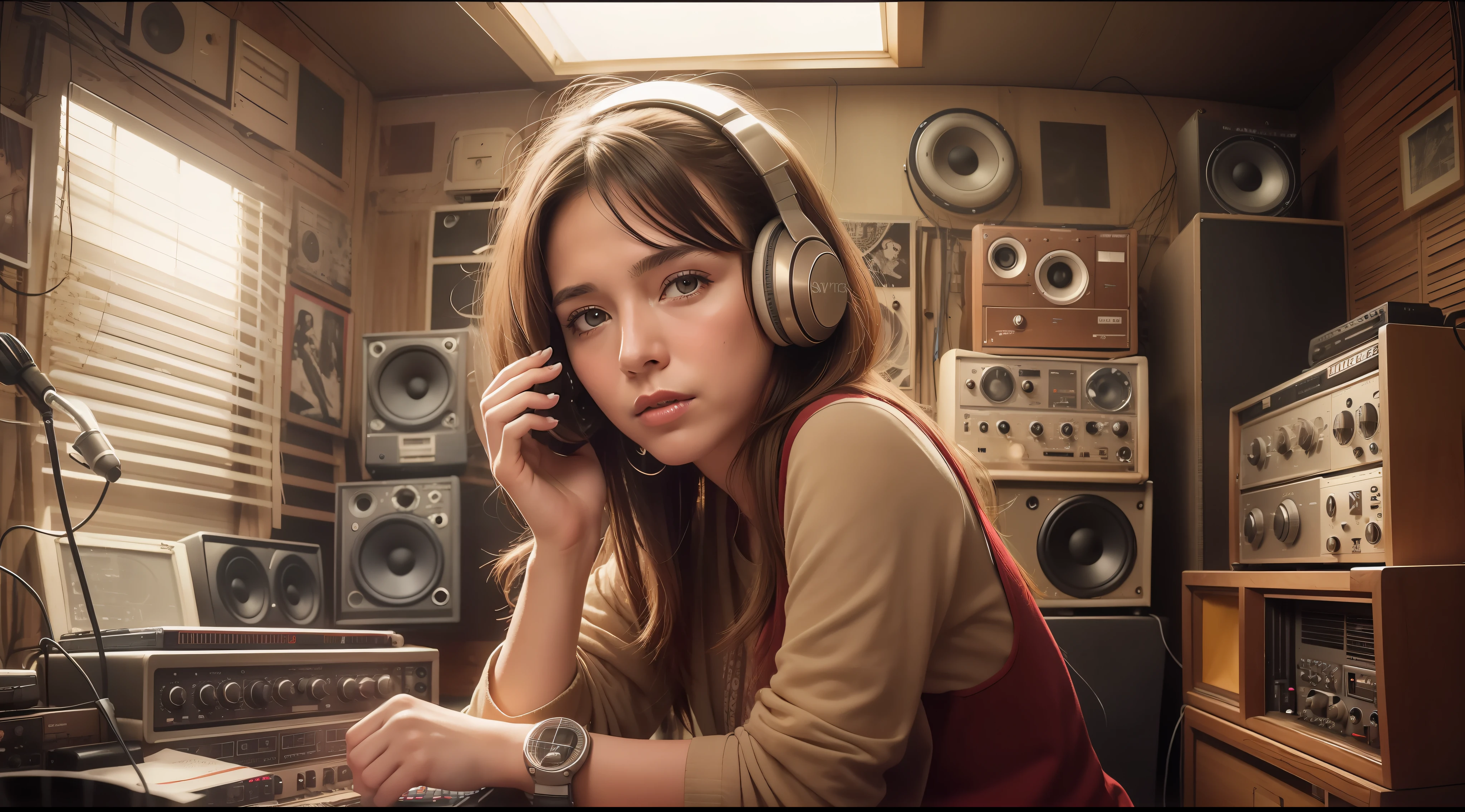 grainy old realistic photo of a beautiful female singer sitting in a crowded messy dusty, Cozy audio studio with vintage amplifiers, appeared, old used speakers, wires, microphone, Audio equipment, In 1973, posters on the wall, Paper notes on the floor, Extremely high quality, Volumetric lighting, Light rays coming in through the window, Cinematic lighting, back lighting, Crimson Sunset, depth of fields, Retro, low angle shot, Perspective, Ambient Occlusion, Misty, old, Warm, intimate, Perfect Anatomy, symmetry face, 70s fashion by Chris Burkard