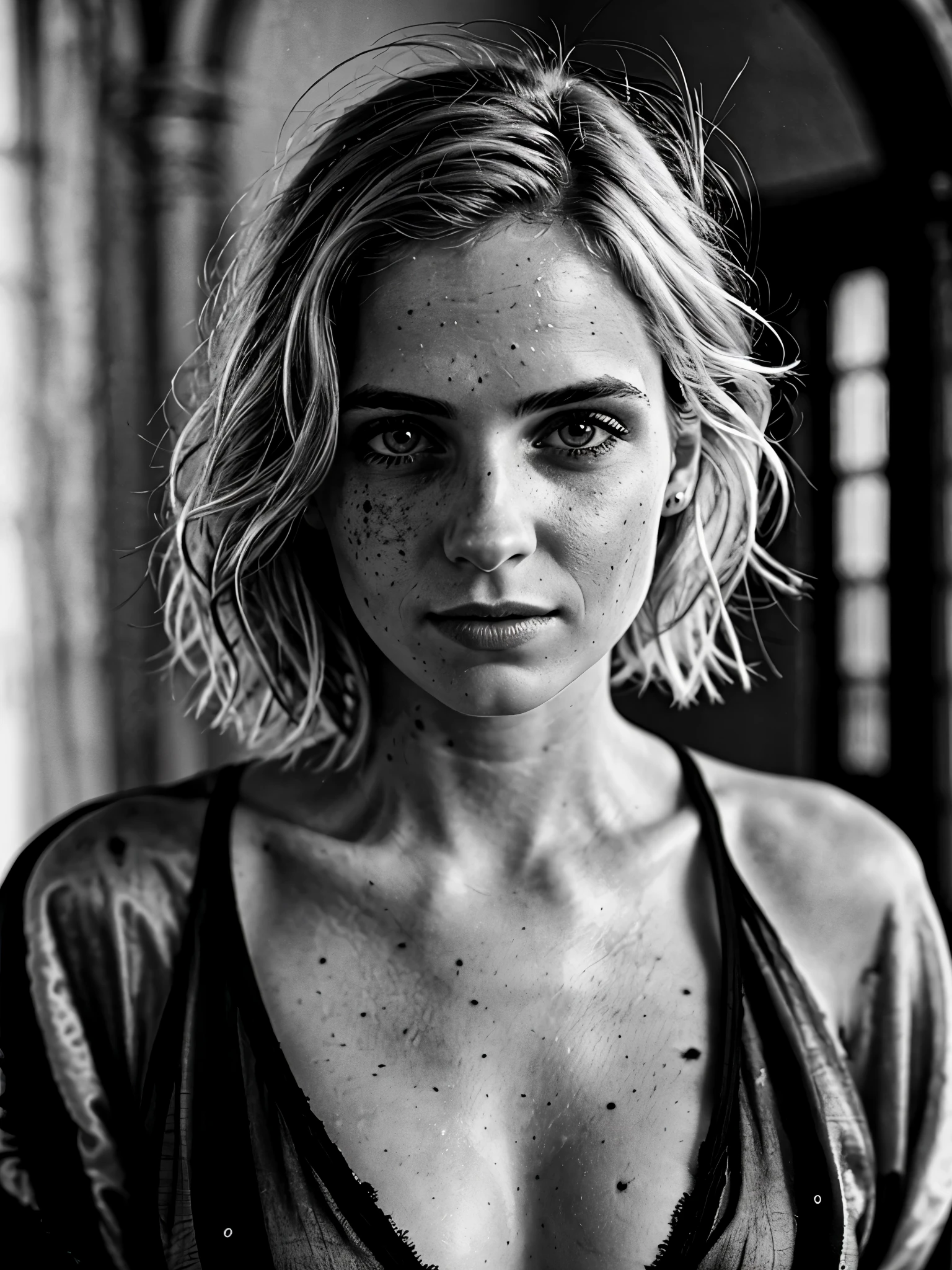 Photorealistic, Masterpiece photo in shades of gray, woman with disheveled hair and bad torn clothes, Sweet sexy, (detailed medieval background), Ultra sharp focus, detailed FACE, (((posing))), random hair color, short hair, beautiful eyes, whole body, high quality black and white image