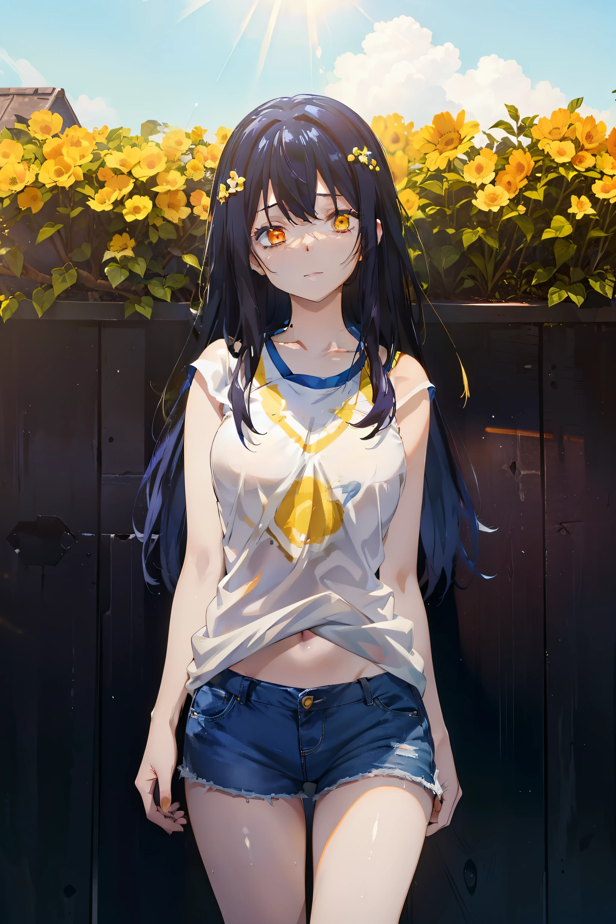 ((((Obra maestra, La mejor calidad, ultrahigh resolution)))), 1girl, standing, (baggy white t-shirt, loose fitting blue shorts, back hair, dark black hair over eye)), long hair cut, pale skin, (((yellow eyes))), glowing_eyes, neon eyes, (ultra detailed eyes:0.7, beautiful and detailed face, detailed eyes:0.9), ((centered)), smile, ((wide shot)), facing viewer, (((vibrant background of outside, flowers, bright lighting, summer, sunlight))), flat chested, ((looking at viewer)), ((half closed eyes)), ((perfect hands)), ((head:1, hips, elbows, arms, in view)), ((hands behind back)), empty eyes, beautiful lighting, defined subject, 25 years old, ((cool looking)), ((from above, wide shot))