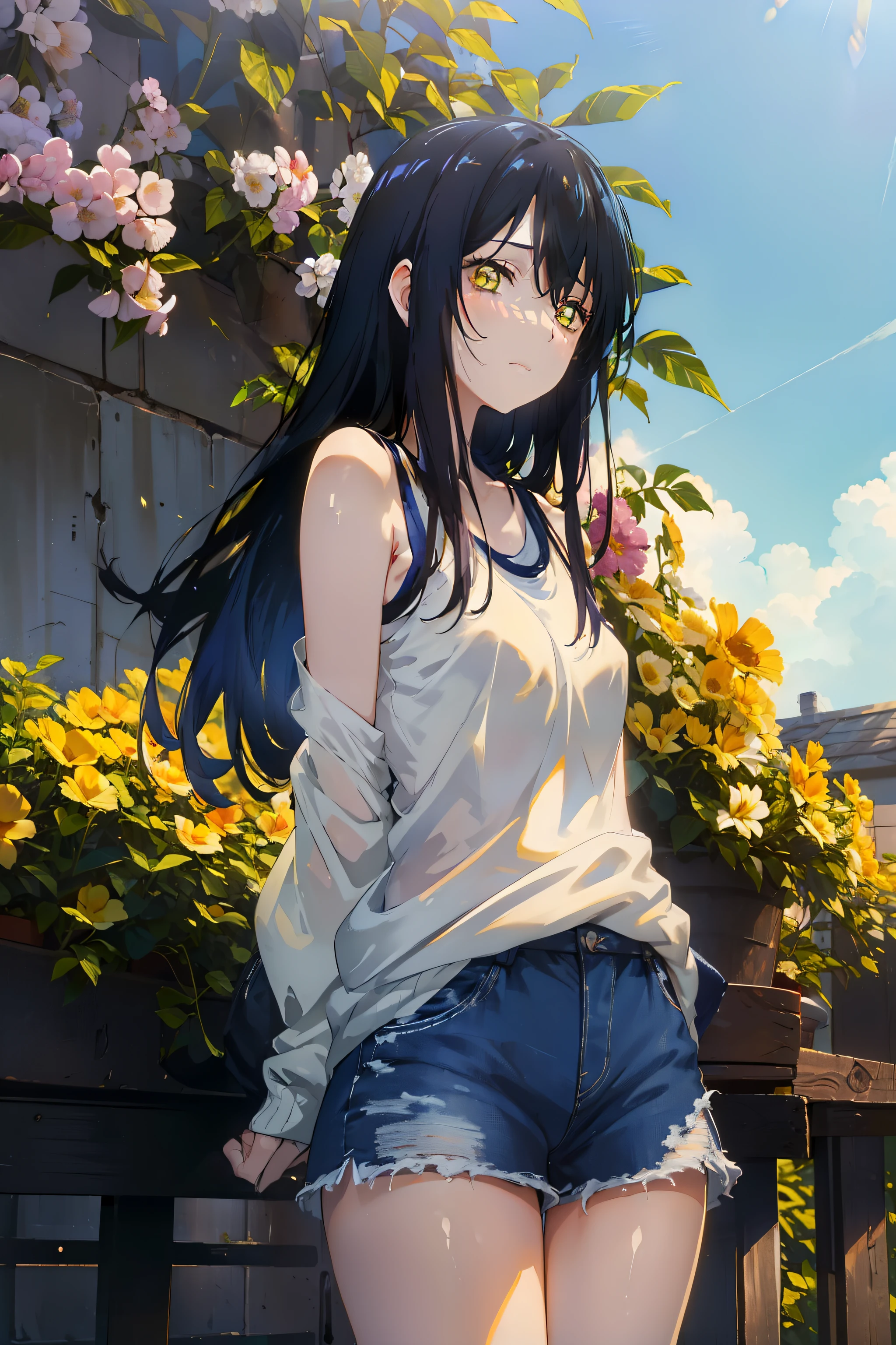 ((((Obra maestra, La mejor calidad, ultrahigh resolution)))), 1girl, standing, (baggy white t-shirt, loose fitting blue shorts, back hair, dark black hair over eye)), long hair cut, pale skin, (((yellow eyes))), glowing_eyes, neon eyes, (ultra detailed eyes:0.7, beautiful and detailed face, detailed eyes:0.9), ((centered)), smile, ((wide shot)), facing viewer, (((vibrant background of outside, flowers, bright lighting, summer, sunlight))), flat chested, ((looking at viewer)), ((half closed eyes)), ((perfect hands)), ((head:1, hips, elbows, arms, in view)), ((hands behind back)), empty eyes, beautiful lighting, defined subject, 25 years old, ((cool looking)), ((from above, wide shot))