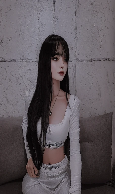 There is a woman sitting on a sofa in a white top, Ulzzang, com cabelos longos, Ela tem cabelo preto com franja, branco hime corte penteado, cabelos longos com franja, cruel korean goth girl, menina coreana, cabelo comprido com franja completa, longos cabelos brancos e franja, cabelos escuros longos com franja, cabelo preto longo com franja, com longos cabelos escuros