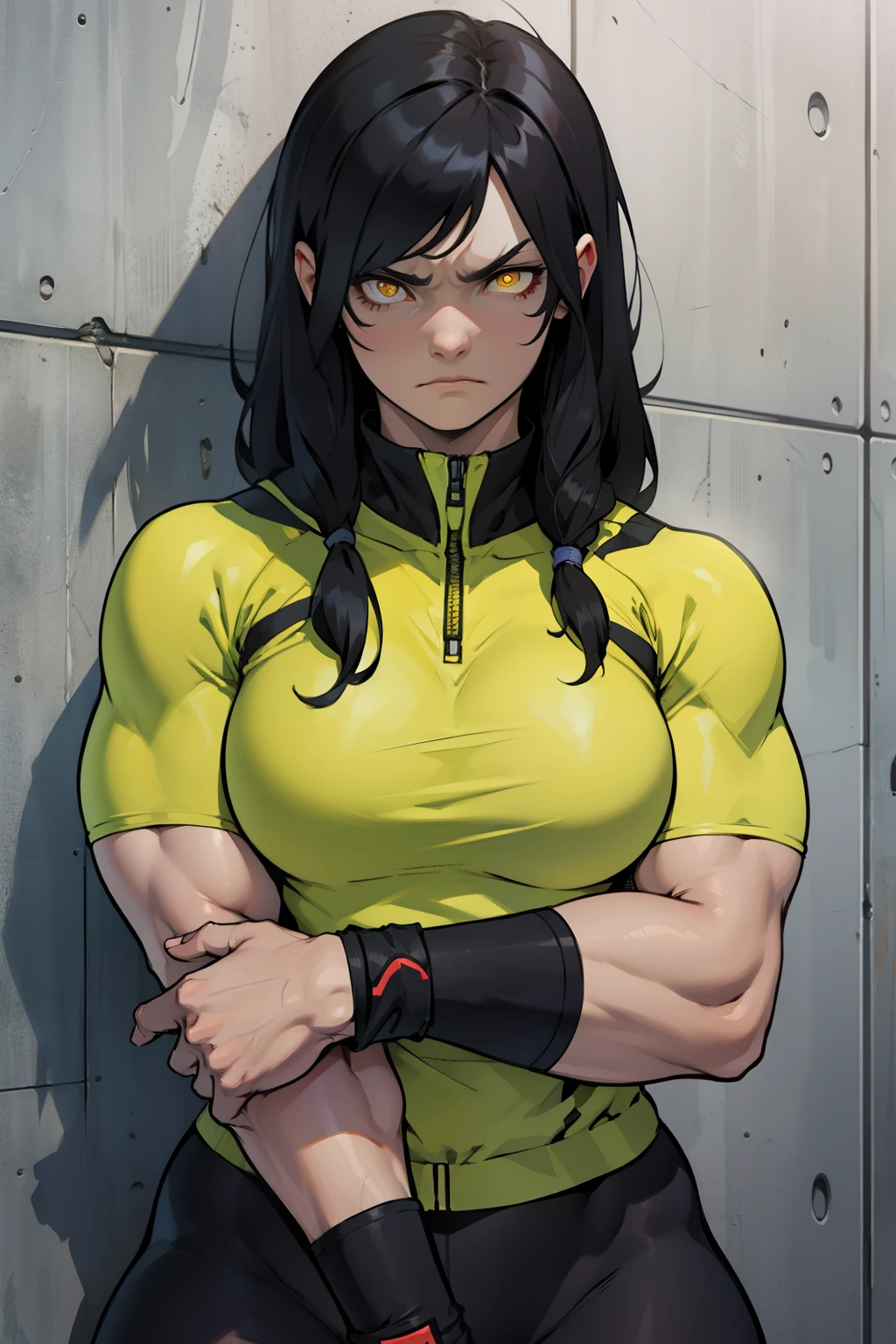 muscular girl thick breasts black hair yellow eyes pale best quality sad frown