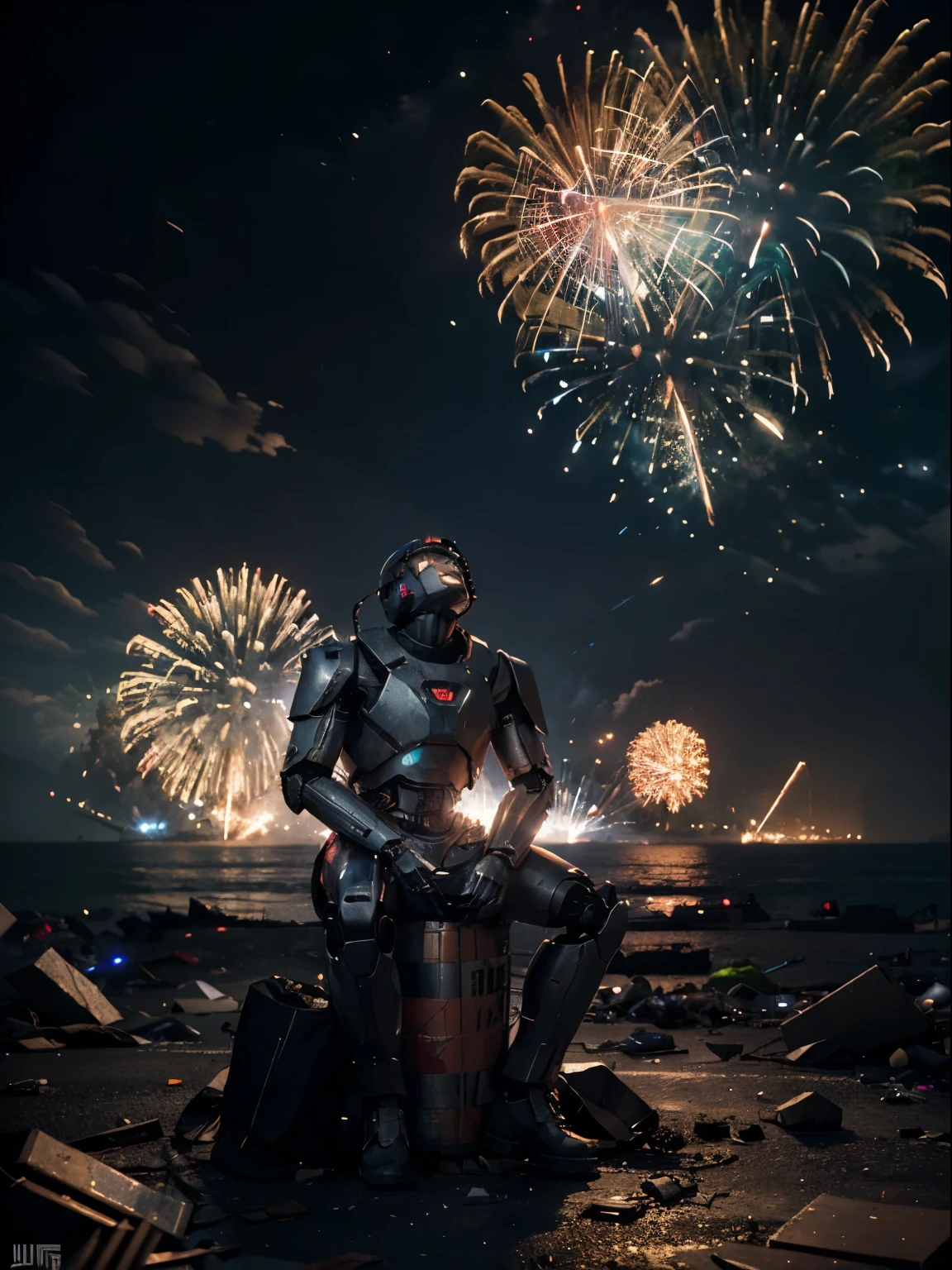 (Masterpiece), (Cinematic artwork:1.3) of a robot sitting on a pile of debris watching to the sky, the robot has glowing technological eyes,a rusty rand destryoed robot with humanoid body, full body, alone, (a robot:1), cyborg , looking up, it's body seems dead, (mysterious:1), (froms side:1) ,wires come out the robot, it's made of metal BREAK on a post apocaliptic city, destroyed city, night, dark, death, , extended portrait, gorgeous sky,  [explosions in the background, huge explosions, smoke:fireworks, colorful fireworks that shiny bright, (tbe sky is filled with fireworks:1.3):5],  trash, rocks, wires, detailed textures, contemplativeimage, emotional reaction, [:(contrast between the cold colors and the fireworks):5] BREAK 4k, highres, absurdes, ultra high quality, hyperdetailed, beautiful lighting, perfect shading, detailed shading, photorealistic lighting, great composition, depth, intricate visual masterpiece