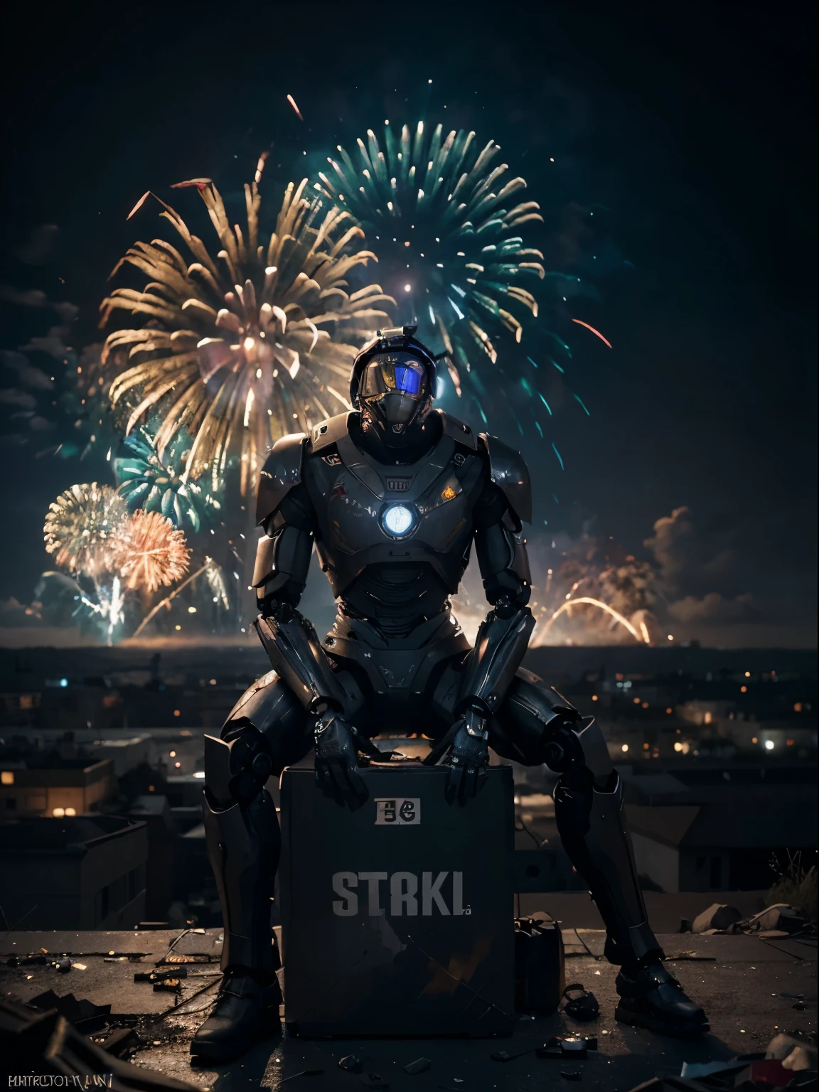 (Masterpiece), (Cinematic artwork:1.3) of a robot sitting on a pile of debris watching to the sky, the robot has glowing technological eyes,a rusty rand destryoed robot with humanoid body, full body, alone, (a robot:1), cyborg , looking up, it's body seems dead, (mysterious:1), (froms side:1) ,wires come out the robot, it's made of metal BREAK on a post apocaliptic city, destroyed city, night, dark, death, , extended portrait, gorgeous sky,  [explosions in the background, huge explosions, smoke:fireworks, colorful fireworks that shiny bright, (tbe sky is filled with fireworks:1.3):5],  trash, rocks, wires, detailed textures, contemplativeimage, emotional reaction, [:(contrast between the cold colors and the fireworks):5] BREAK 4k, highres, absurdes, ultra high quality, hyperdetailed, beautiful lighting, perfect shading, detailed shading, photorealistic lighting, great composition, depth, intricate visual masterpiece