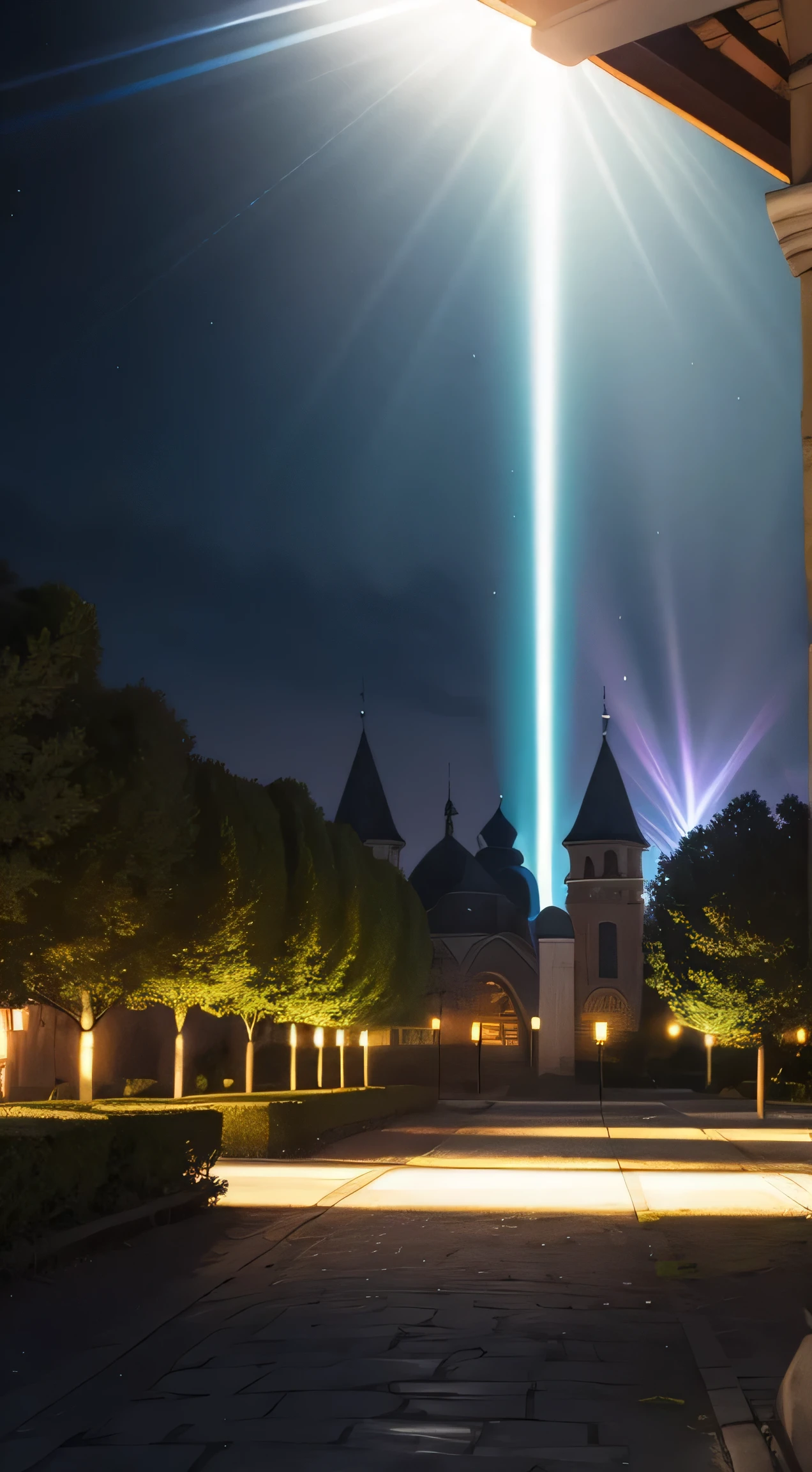 A iridescent Beam of light in the middle of a Medieval park , Night