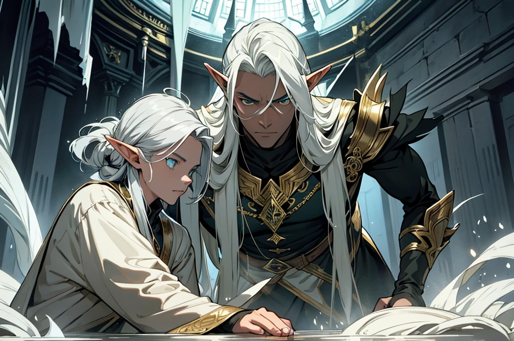 a photo of Rutrem Vulior, looking at the camera, an elf, male, with an imposing appearance. He has a tall, slender stature, with long, silver hair that falls elegantly over his shoulders. His eyes are an intense shade of green, conveying wisdom and dexterity, he wears fluid and enigmatic clothes, with details in gold and silver, which reflect his connection with the magical world. He is a forensic investigator. comic style