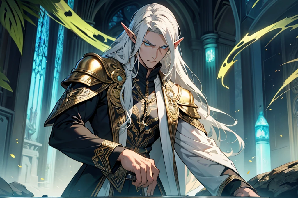a photo of Rutrem Vulior, looking at the camera, an elf, male, with an imposing appearance. He has a tall, slender stature, with long, silver hair that falls elegantly over his shoulders. His eyes are an intense shade of green, conveying wisdom and dexterity, he wears fluid and enigmatic clothes, with details in gold and silver, which reflect his connection with the magical world. He is a forensic investigator. comic style