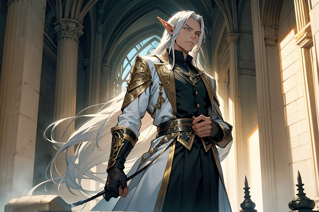 a photo of Rutrem Vulior, looking at the camera, an elf, male, with an imposing appearance. He has a tall, slender stature, with long, silver hair that falls elegantly over his shoulders. His eyes are an intense shade of green, conveying wisdom and dexterity, he wears fluid and enigmatic clothes, with details in gold and silver, which reflect his connection with the magical world. He is a forensic investigator. comic style