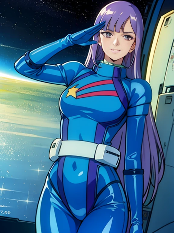 masterpiece,cg,best quality,highres,good anatomy,extremely delicate and beautiful,(semi-realistic:1.5),detailed eyes,perfect face,beautiful face,1girl,solo,louka,blue pilot suit, long hair, purple hair, latex suit, white belt,star mark, light smile,closed mouth, facing viewer,salute,standing beside window,cowboy shot,inside spacecraft,galaxy,planet,glass,